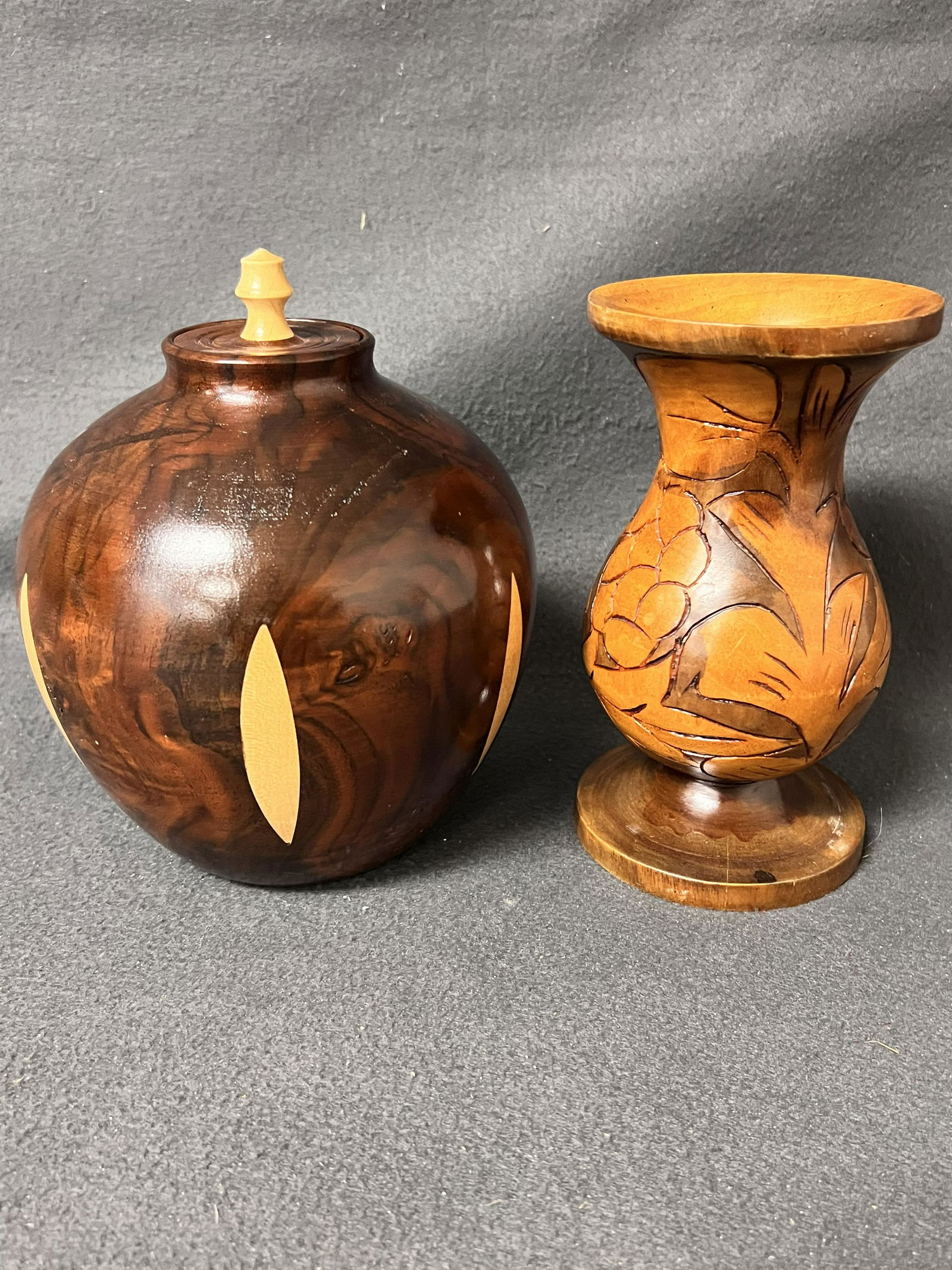 Hawaiian Wooden Vase + Lidded Piece - Carved Flower Vase 4'' x 7'' , Lidded w/ Inlay 20''D x 7'' (1 of 5)