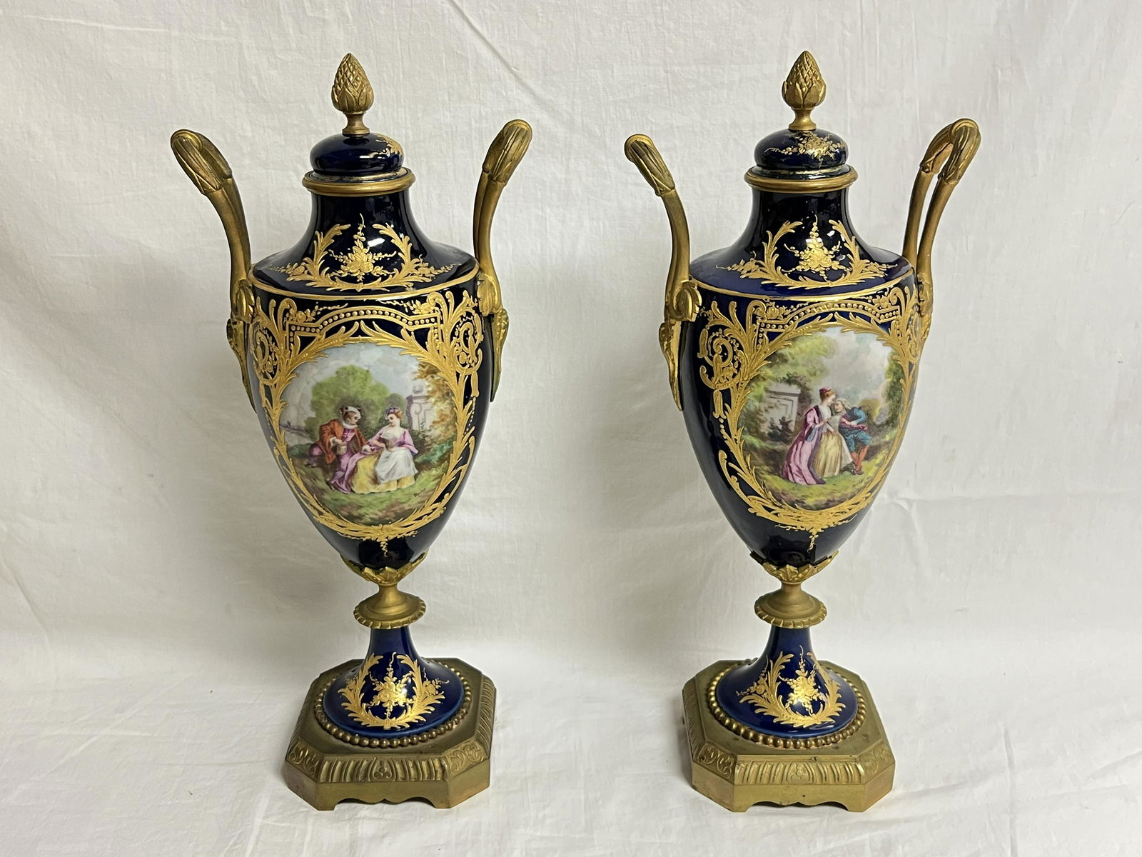 Pr. Signed Handpainted European Urns, 13'' T - Signed Roche w/ Hallmarks on Bottom, Bronze Mounts & (1 of 16)