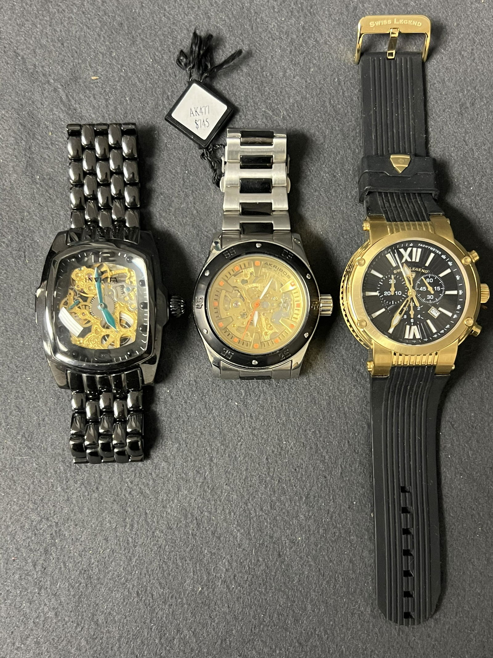 (3)Asst Watches - Invicta, Akribos XXIV,Swiss Legend- Invicta Lupah Skeleton Watch 1113, 48mm: (3)Asst Watches - Invicta, Akribos XXIV,Swiss Legend- Invicta Lupah Skeleton Watch 1113, 48mm Ceramic, 30m + Akribos XXIV Skeleton Watch AK477TTB - Premier Series , Automatic Winding, 48mm Diameter, B