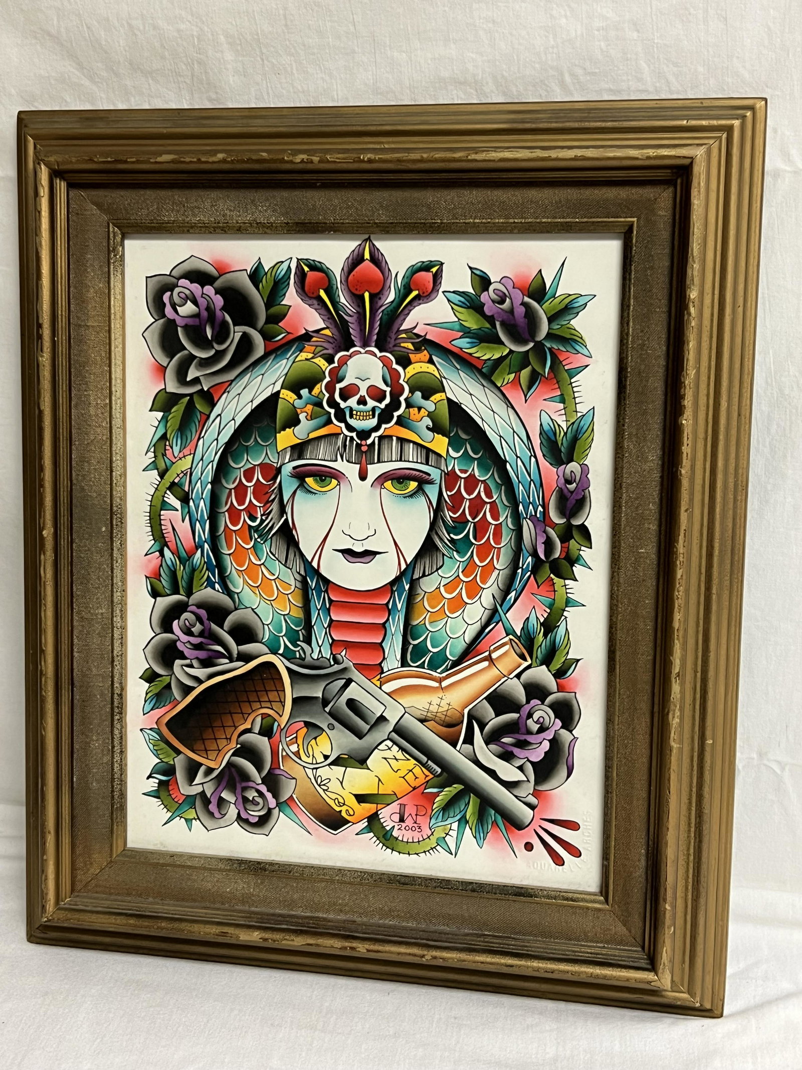 Signed Original Tattoo Flash Art - Signed DWP 2003, Framed 16'' x 19'' (1 of 3)