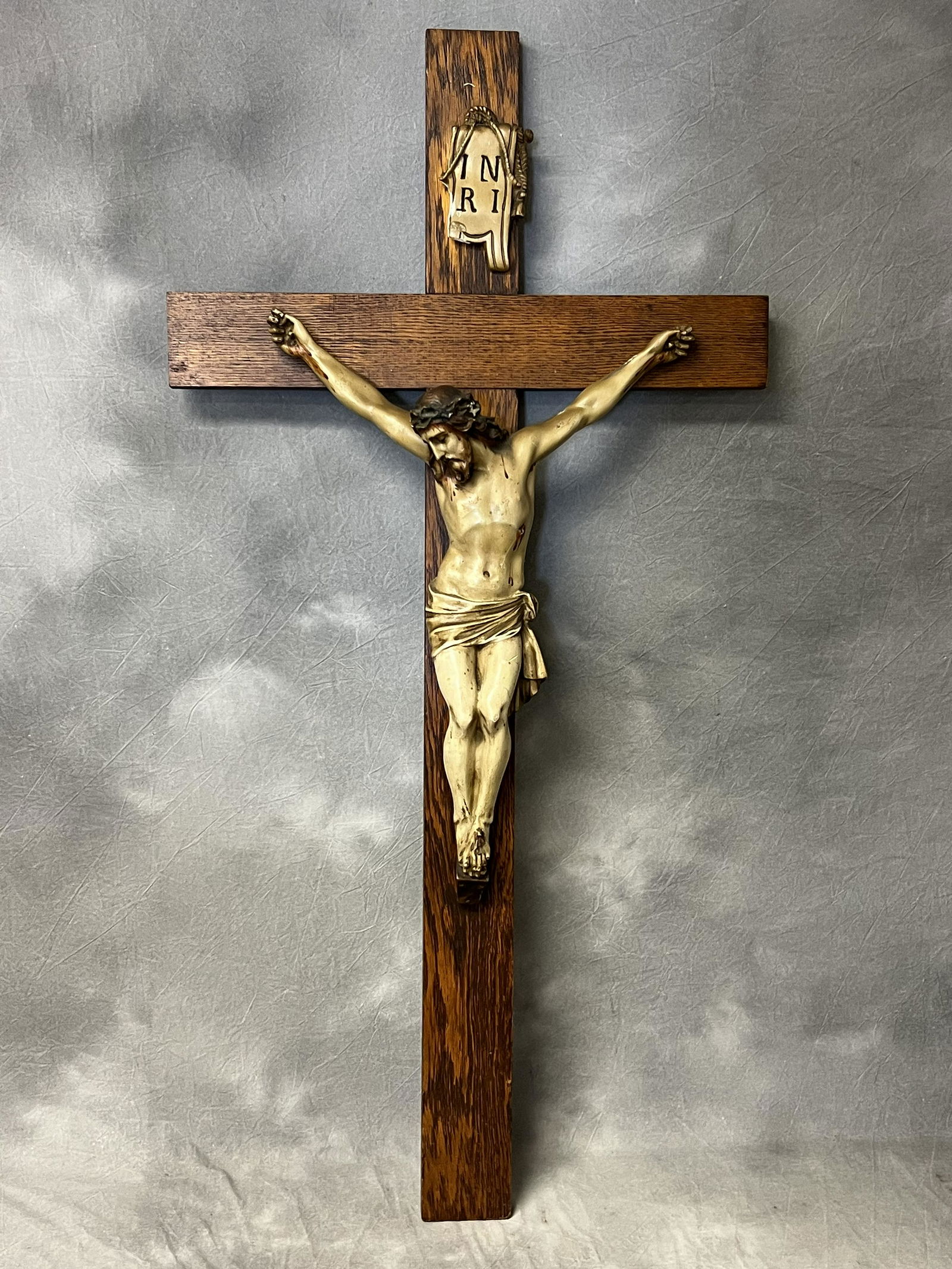 19thC Jesus Christ on Wooden Cross - Plaster (Inspect, See Photos) , Cross 21'' x 42.25'' , Jesus (1 of 9)