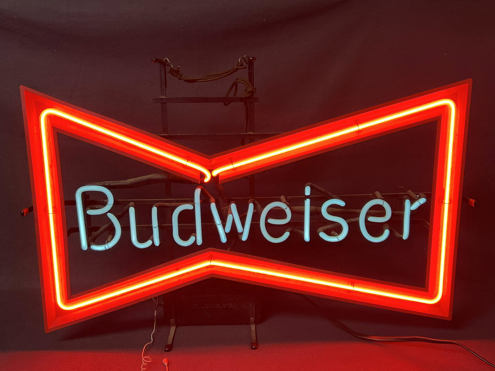 Vtg Budweiser Bow Tie Neon Sign - Bright Red, Sign 29'' x 17'' w/ Metal ...