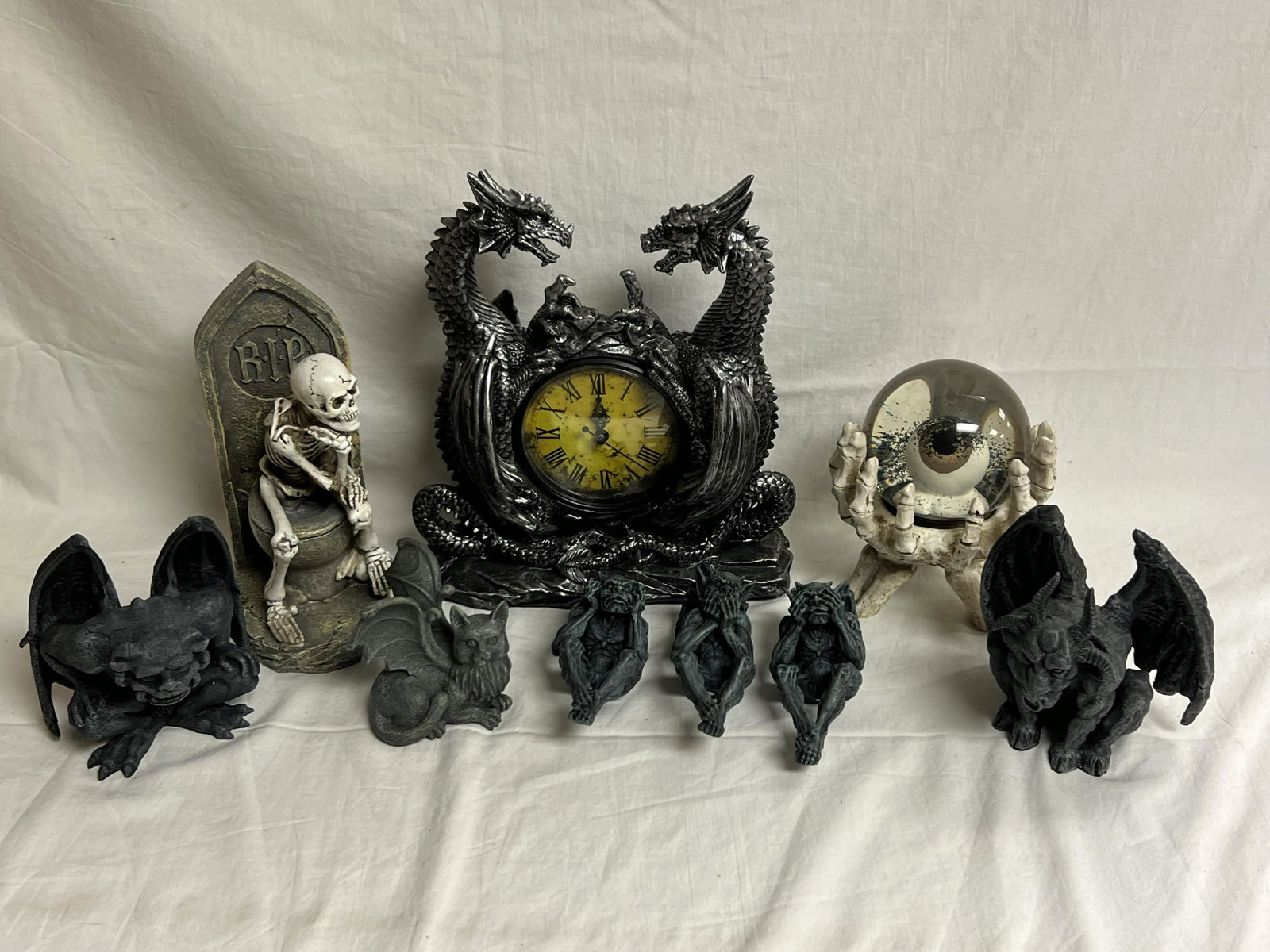 Gothic Items,Gargoyles,Eye Globe,Dragon,More - RIP Skeleton, Black Glitter Eye Globe w/ Skeleton: Gothic Items,Gargoyles,Eye Globe,Dragon,More - RIP Skeleton, Black Glitter Eye Globe w/ Skeleton Hand, Asst Gargoyles, Dragon Clock (Inspect Ear) + More