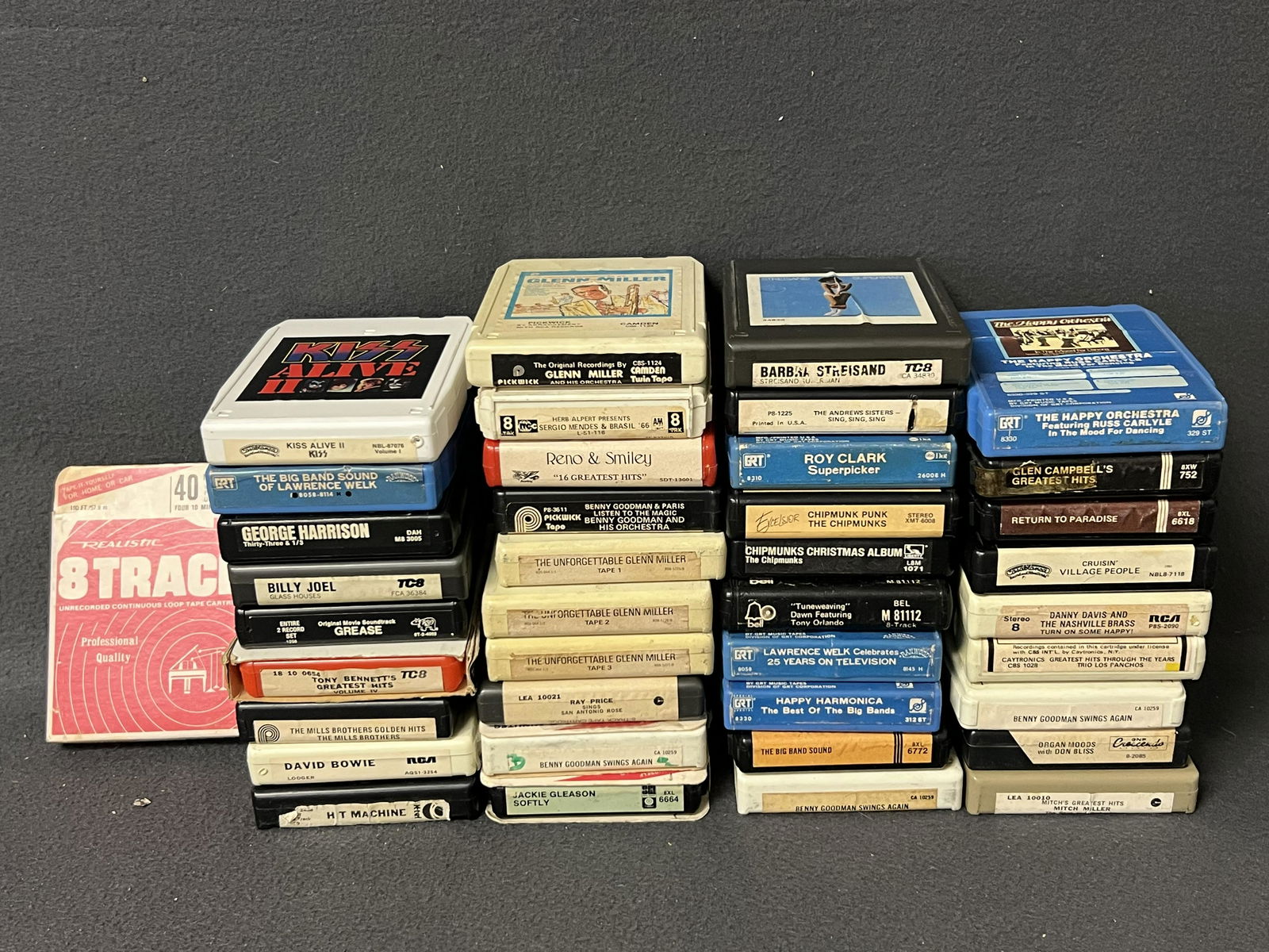 (39)Asst 8 Track Tapes, D.Bowie,G.Miller,More - Kiss Alive 2, G.Harrison, Grease, Village People, (1 of 7)