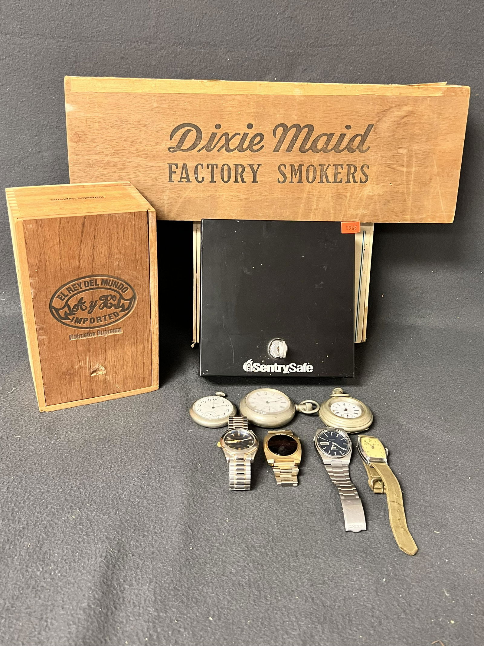 Tray Lot- Vtg Pocket Watches, Boxes, Safe,More- Sentry Money Safe w/ Key, Dixie Maid Smoke Box, Asst (1 of 4)