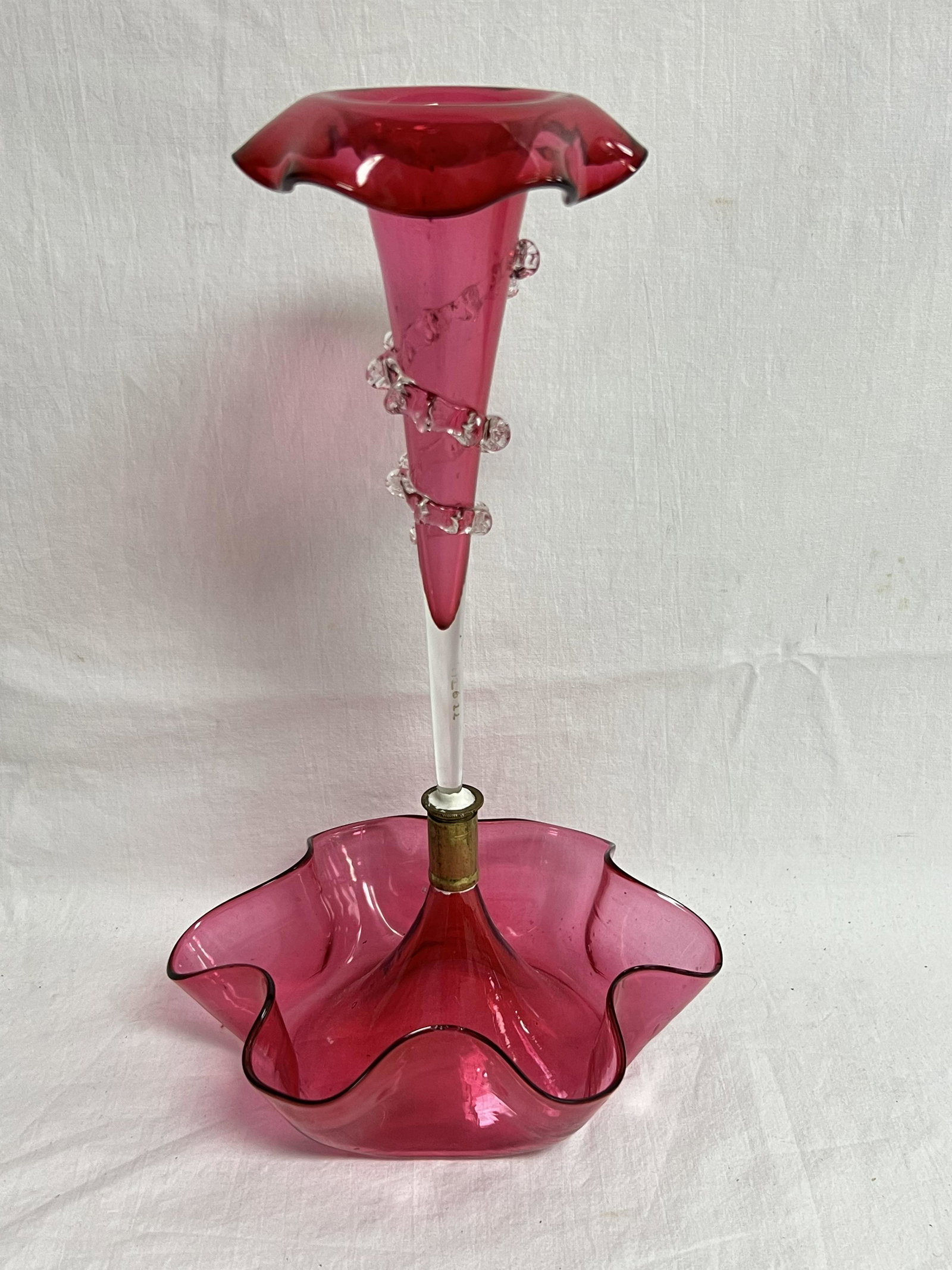 Atq Cranberry Glass Epergne - 12'' T w/ Ruffle Base 7'' x 7'': Atq Cranberry Glass Epergne - 12'' T w/ Ruffle Base 7'' x 7''
