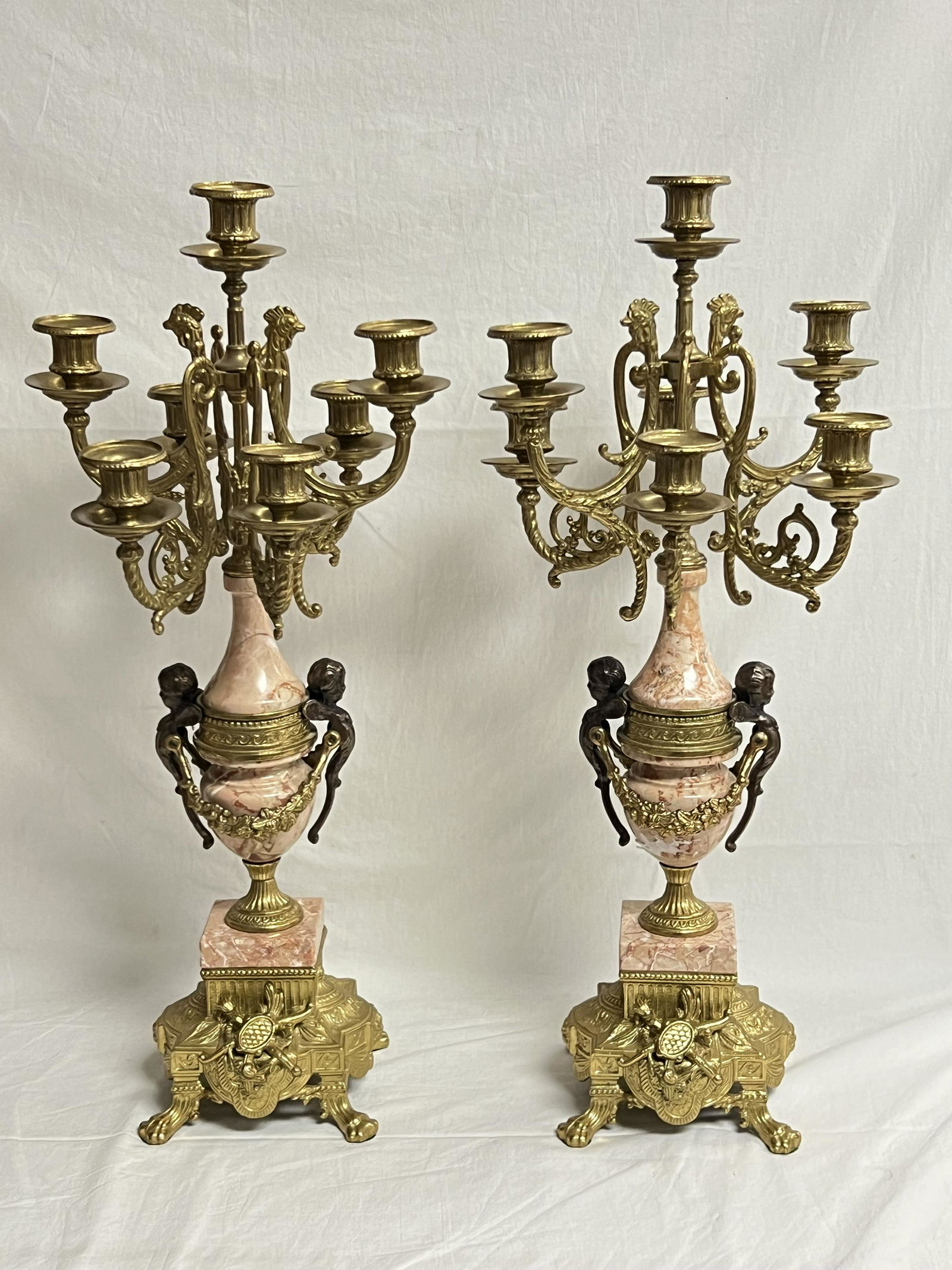 Pr Italian Brevettato Gilt Marble Candelabras - Style of Louis XIV w/ Cherub & Rooster Head Design, (1 of 14)