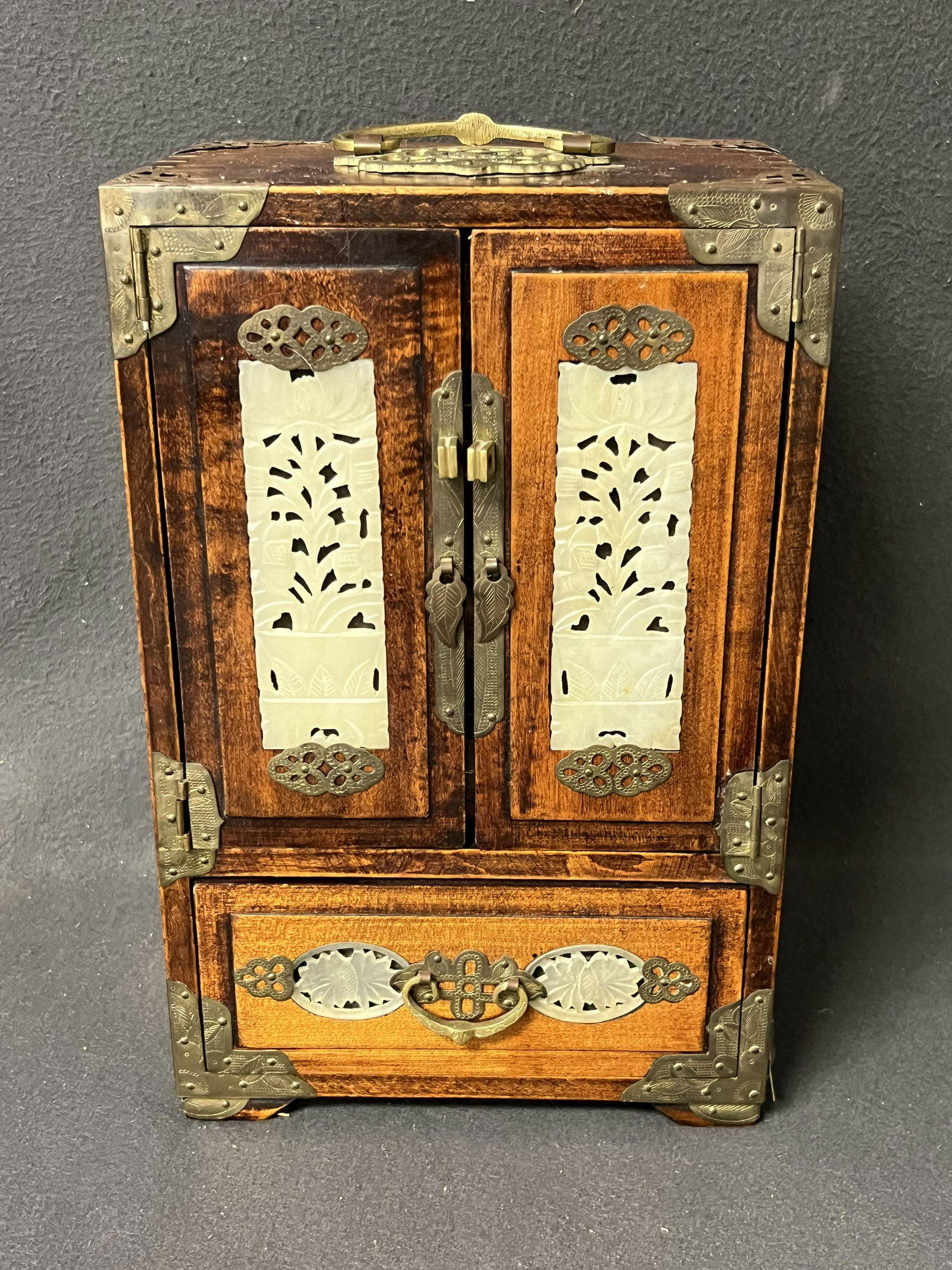 Asian Wooden, Jade & Brass Jewelry Box - 8'' x 6'' x 12.5'' (Inspect) (1 of 6)