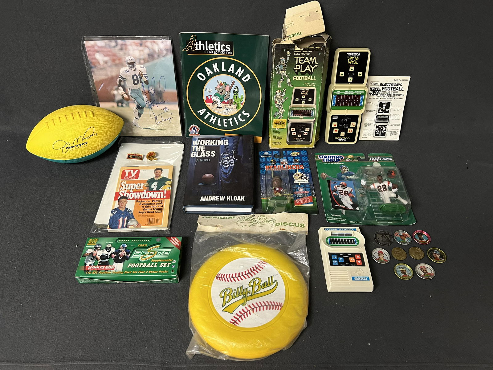 Asst Sports, Autograph, Games, Cards,More - 80s Sears Team Play Football Hand Held Game, Mattel: Asst Sports, Autograph, Games, Cards,More - 80s Sears Team Play Football Hand Held Game, Mattel Football Hand Held Game, Mervyns ''Joe Montana'' Foam Football, Trading Cards (Not Complete), Figures, M