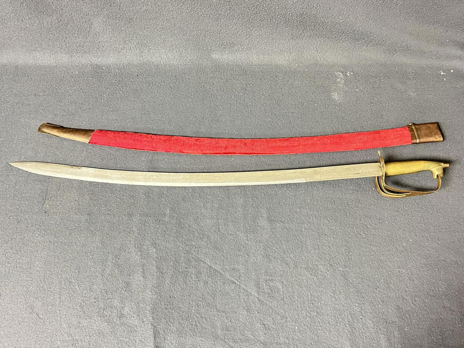 Vtg Indian Brass HorseHead Sword,Scabbard - Double Etched, Made in India, Wood w/ Red Felt Scabbard (1 of 9)