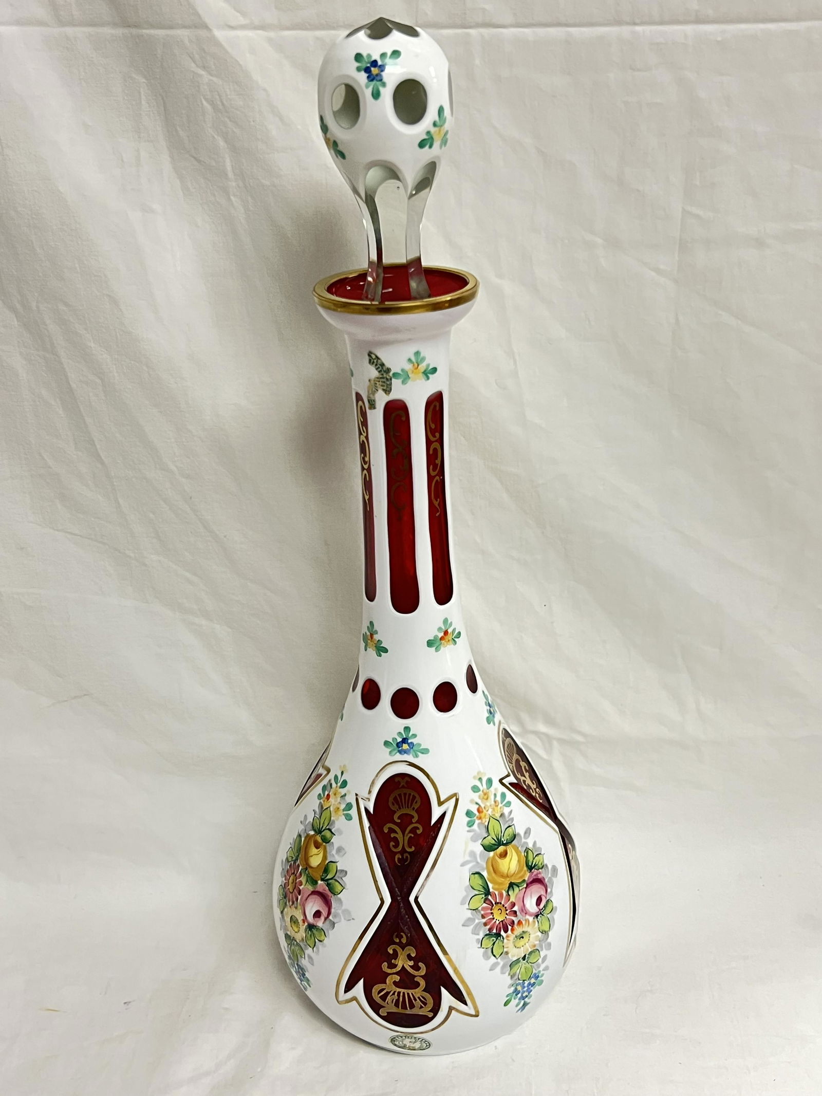 Vtg Cut White to Cranberry Glass Decanter 16'' T (1 of 5)