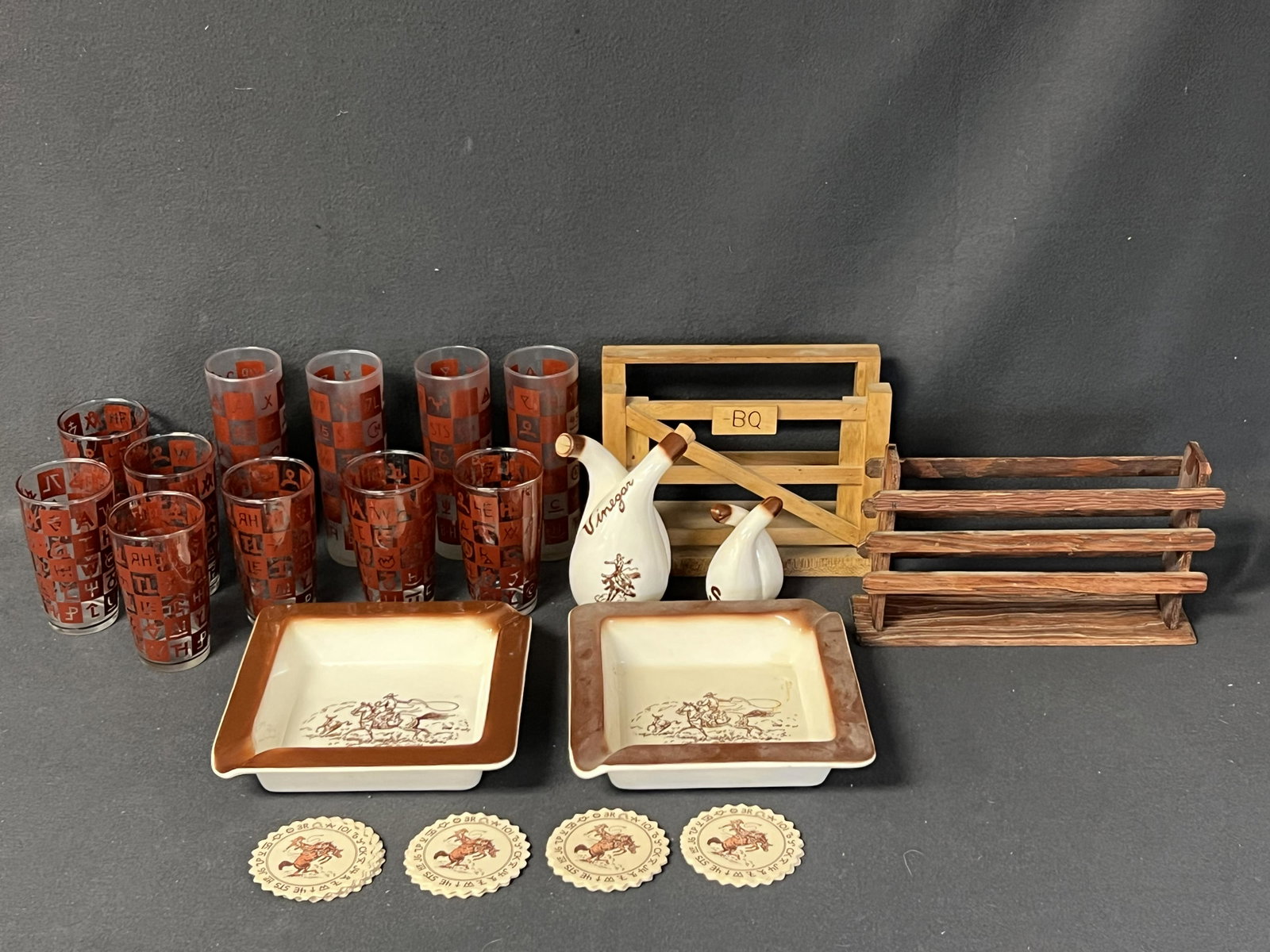 Vtg Wallace Cowboy Pottery,Boots & Braided Glassware- 1940s-50s Wallace Porcelain Cowboy Ashtrays,: Vtg Wallace Cowboy Pottery,Boots & Braided Glassware- 1940s-50s Wallace Porcelain Cowboy Ashtrays, Vinegar/Oil, Salt Pepper, (11)Asst Cattle Brand Tumblers + More