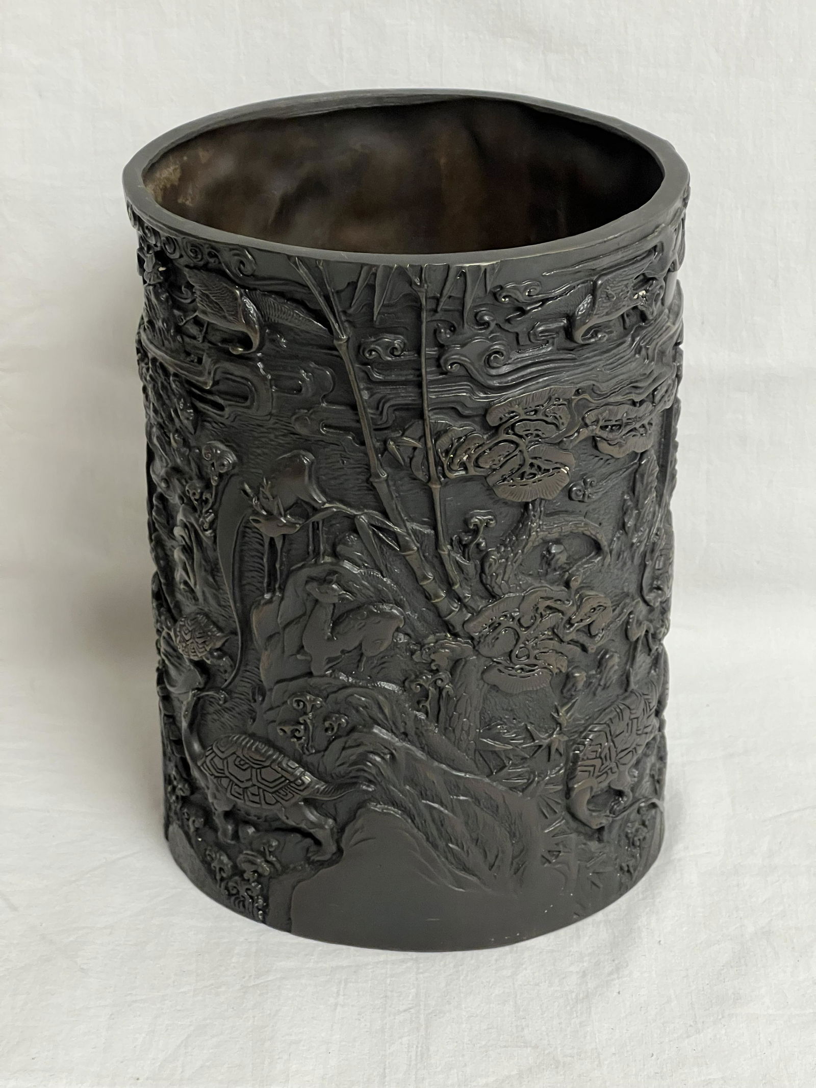 Early Japanese Bronze Relief Brush Pot - ''Celebration of Long Life'' w/ Trees, Animals - 5.75'' x (1 of 7)