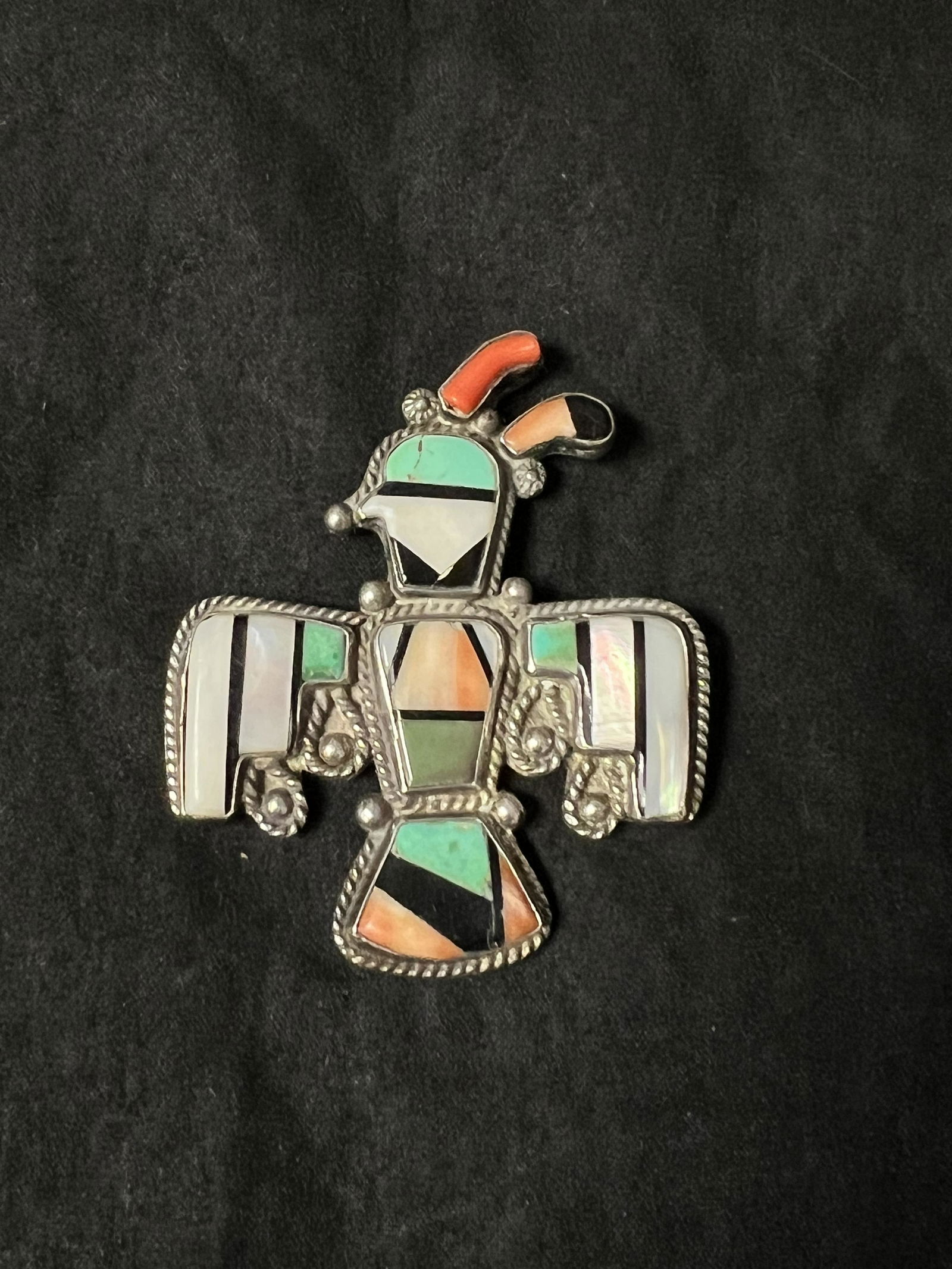 Vtg Zuni Native American Thunderbird Pin - Sterling w/ Turquoise,Coral, Mother of Pearl 2'' x 2.5'' (1 of 2)