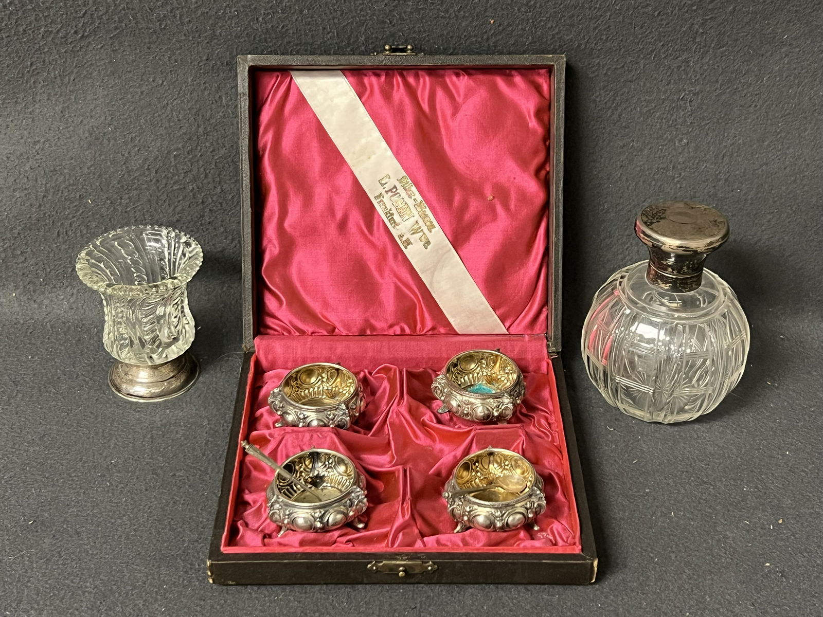 Sterling Top Perfume, Sterling Base Vase, .800 Silver - .800 Silver Salts w/ Case - (2)Metal Spoons (1 of 7)