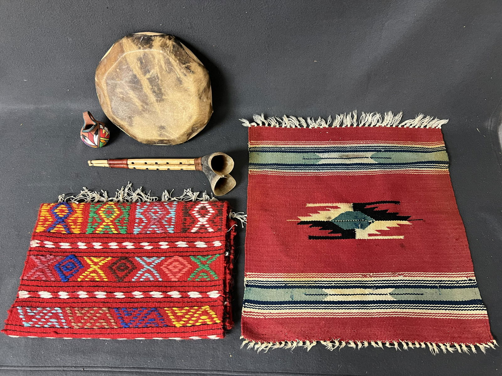 Native American Tapesty, Hide Drum, More - Horn + Wood Instrument, Painted Pottery Creamer, Vtg 19'' (1 of 7)