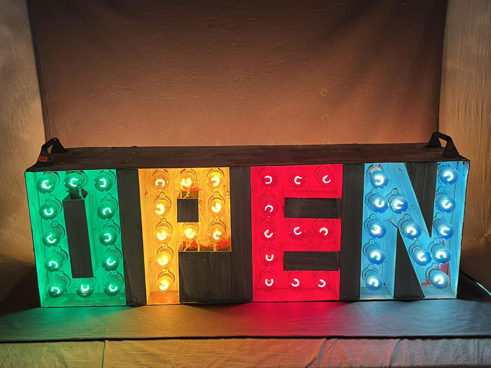 Vtg Double Sided Lighted Marquee Metal Open Sign- Multi Colored Bulbs , 42'' x 10.25'' x 14.5'' (1 of 2)