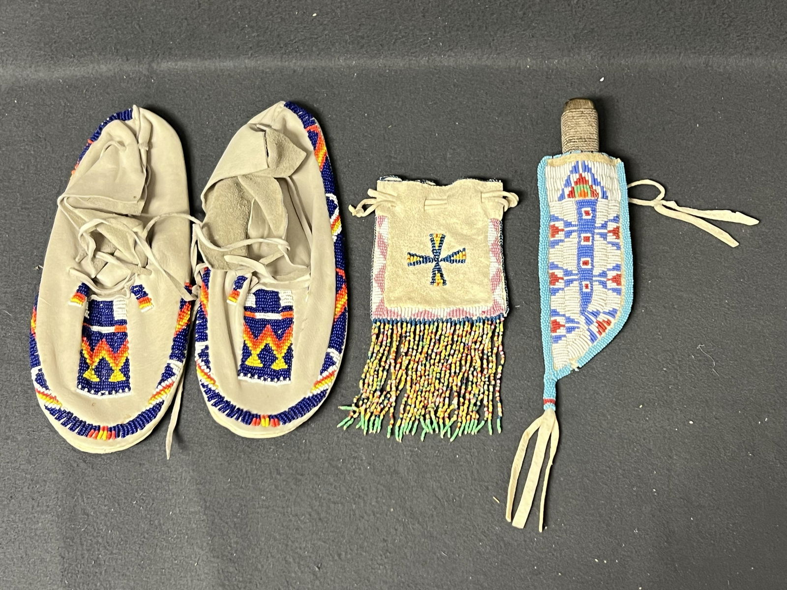 American Indian Knife w/ Sheath,Pouch,More - Moccasins 11.5'' L , Beaded Leather Sheath w/ Rope (1 of 7)