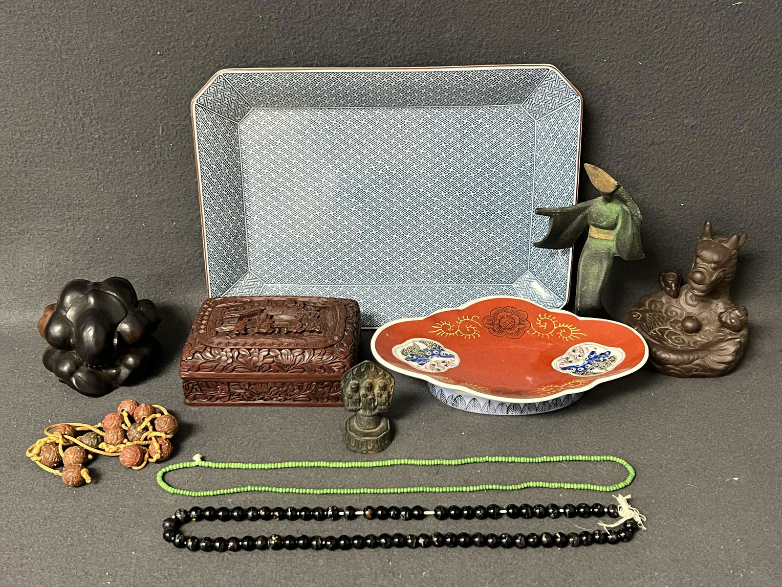 Lot Asst Asian Items - Cinnabar, Porcelain,More - Early Chinese Cinnabar Necklace + Box, MCM Geisha, (1 of 20)