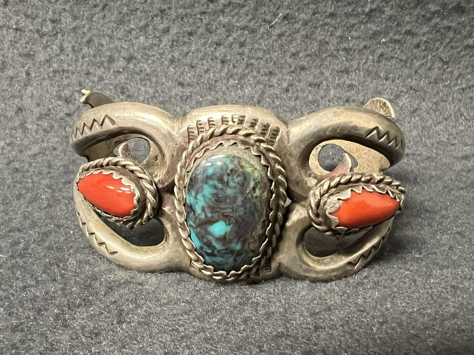 Vtg Navajo Sterling Coral Turquoise Bracelet - 1940s /60s, 2.75'' x 1.25'' w/ Opening 1.25'' - Total (1 of 5)
