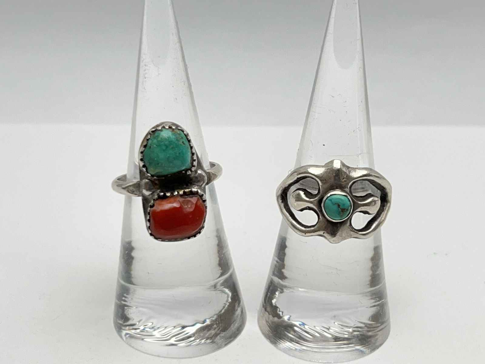 (2)Sterling Silver 1960s Native American Rings - Turquoise + Turquoise w/ Coral, Both Sz 7, Total (1 of 6)