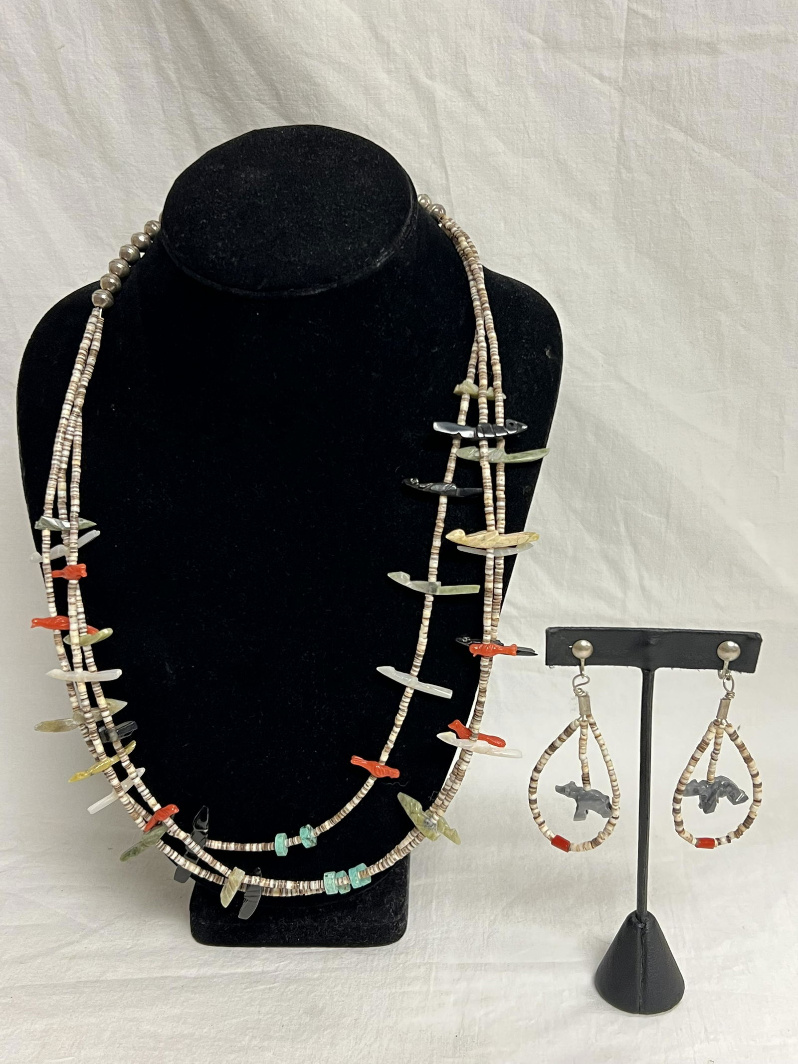 Vtg Zuni Native American Fetish Necklace Earring- Sterling Silver Beads w/ Triple String 25.5''L + (1 of 10)