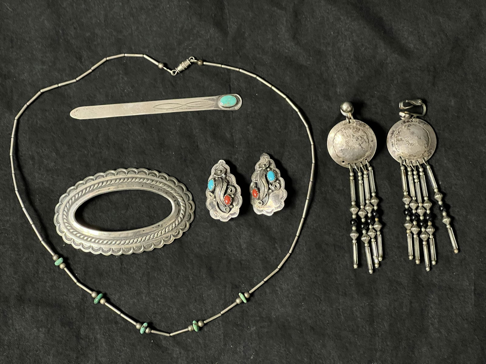 Vtg Native American Sterling Turquoise Jewelry - Sterling Hair Clip, Turquoise Coral Clip Earrings, (1 of 9)