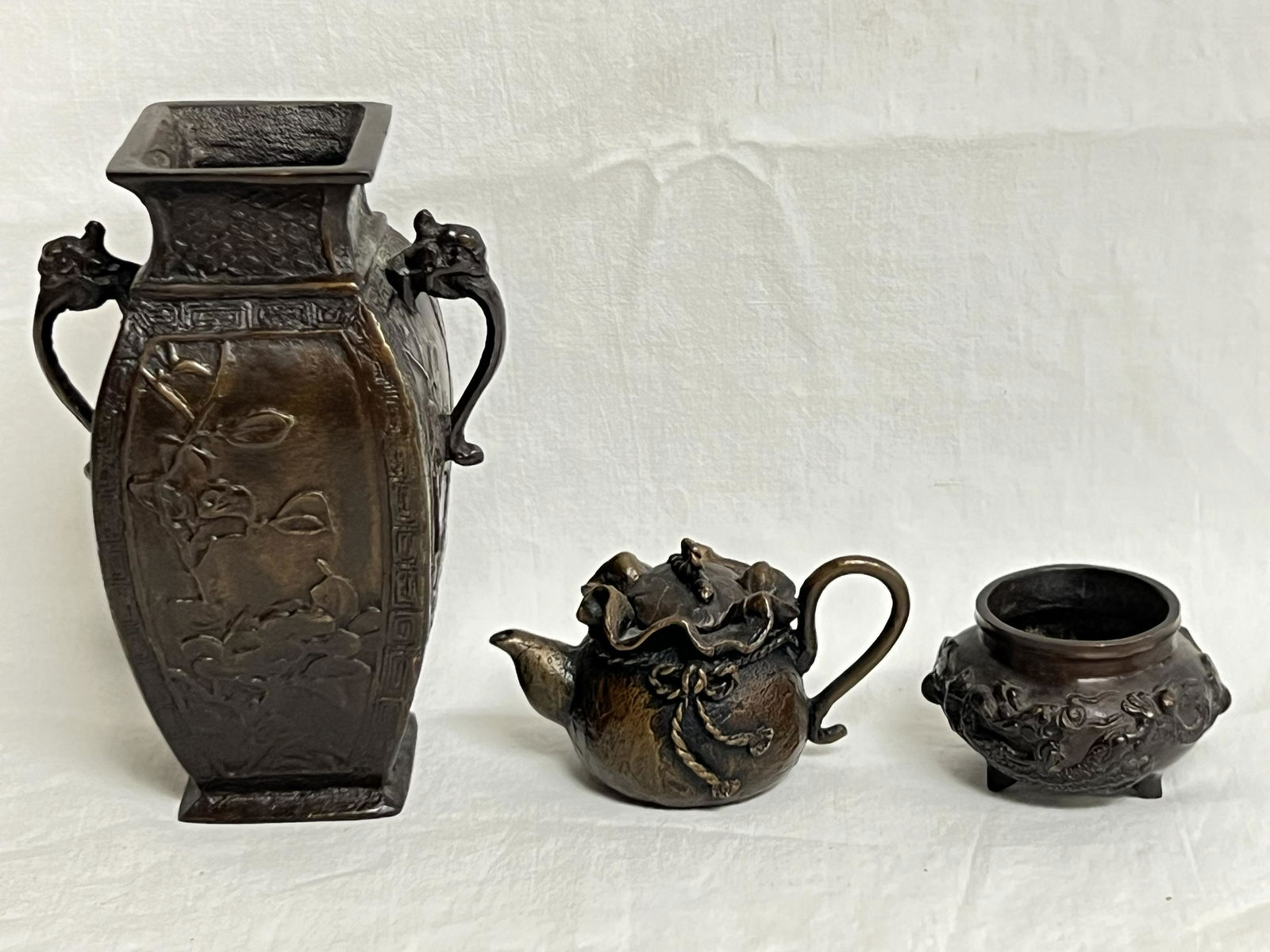 (3)Chinese Bronze Relief Items - Vase w/ Flowers 5.5''T w/ 1.75'' Opening, Footed Bowl 2'' x 1.5'' + (1 of 10)
