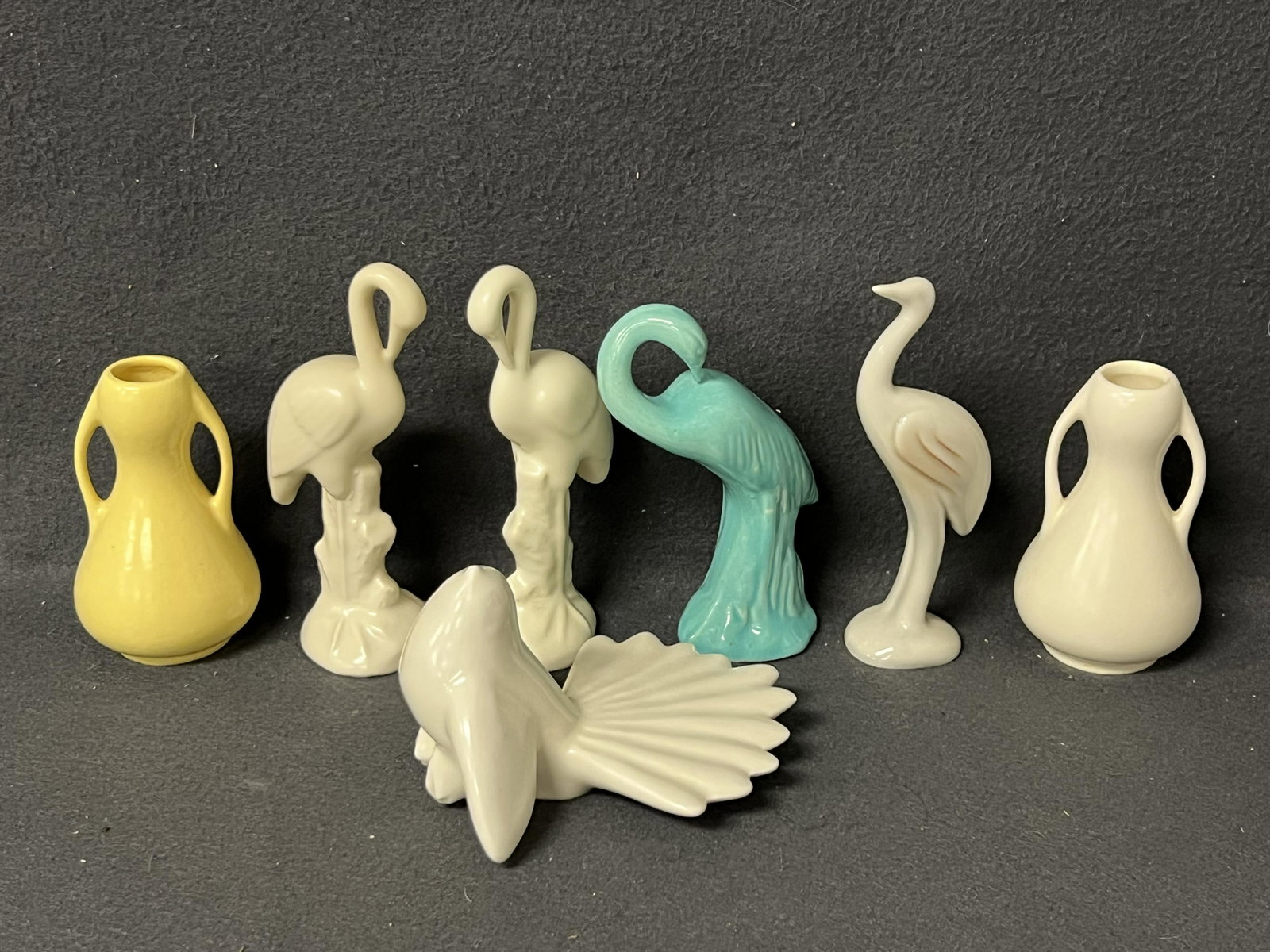 Asst Mid Century Pottery Birds, Vases - Metlox Cranes + Vases, Howard Pierce + More - Cranes 6'' +: Asst Mid Century Pottery Birds, Vases - Metlox Cranes + Vases, Howard Pierce + More - Cranes 6'' + Vases 5''
