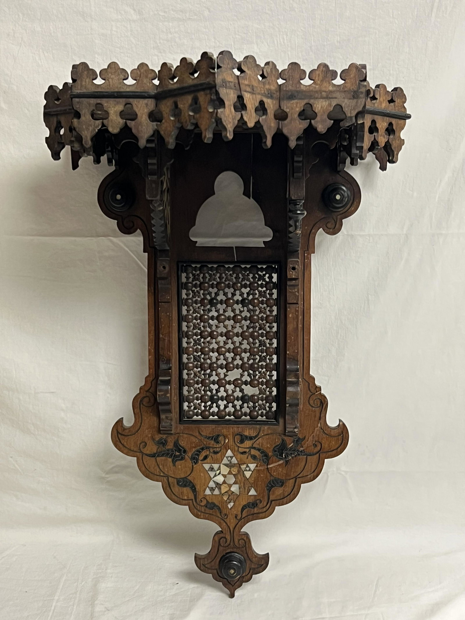 19thC Mother Pearl Inlaid Wall Shelf, 15'' x 13'' x 23'' - (Inspect M.O.P., Some Missing): 19thC Mother Pearl Inlaid Wall Shelf, 15'' x 13'' x 23'' - (Inspect M.O.P., Some Missing)
