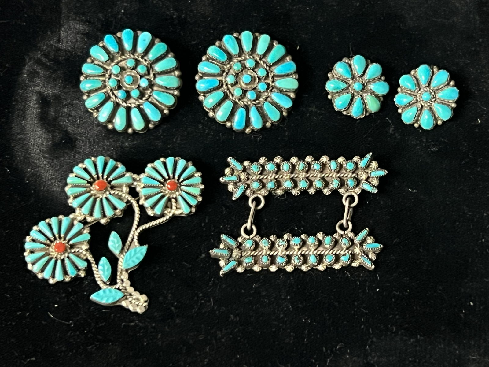 Vtg Zuni Petit Point Pins, Earrings - Some Signed - Flower Pin Signed, Earrings Signed, 1940s-50s (1 of 4)