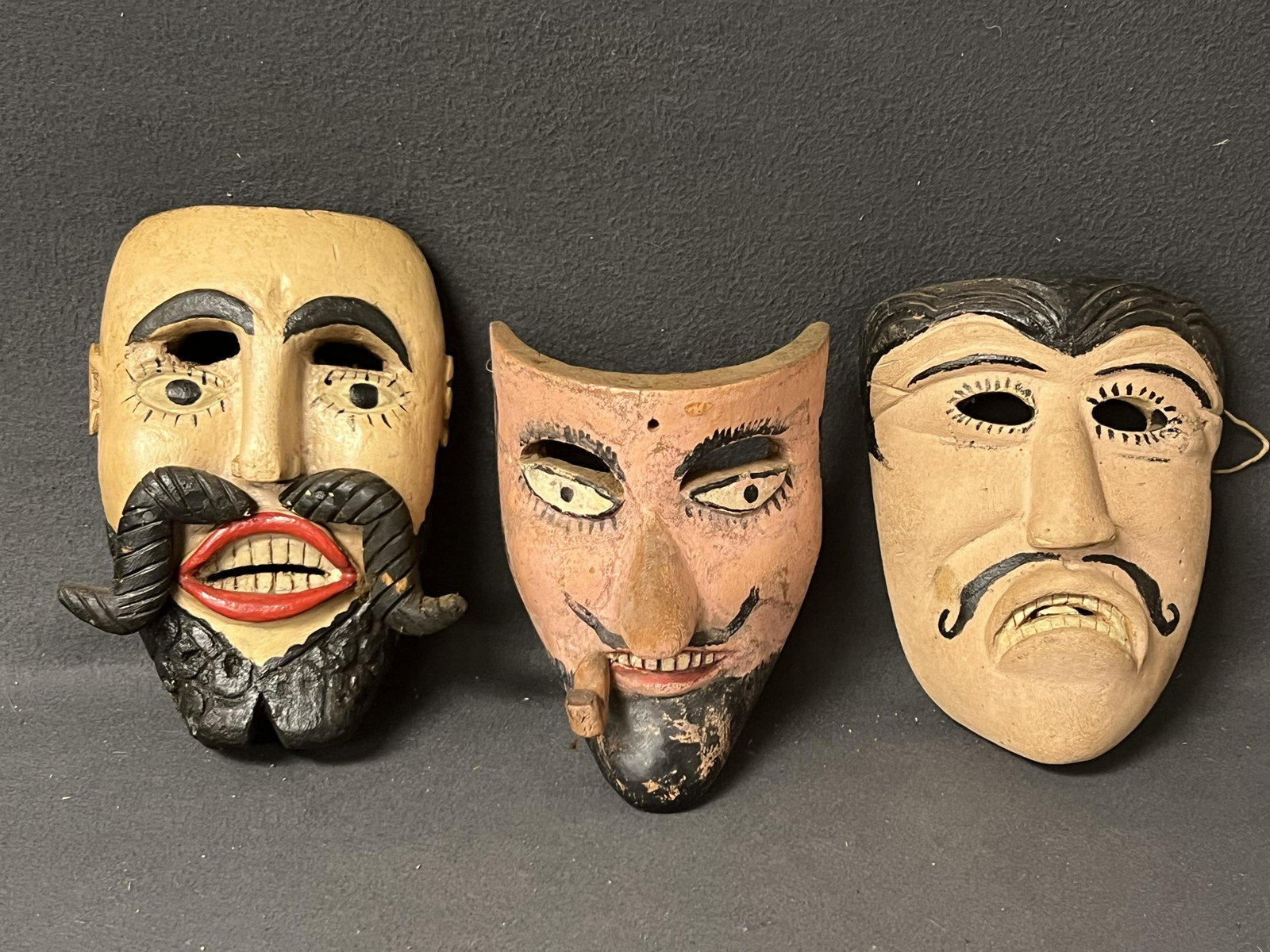 (3)Vtg HandCarved Folk Art Guerrero Masks - Dance Masks Handpainted + Carved - Various Sizes: (3)Vtg HandCarved Folk Art Guerrero Masks - Dance Masks Handpainted + Carved - Various Sizes