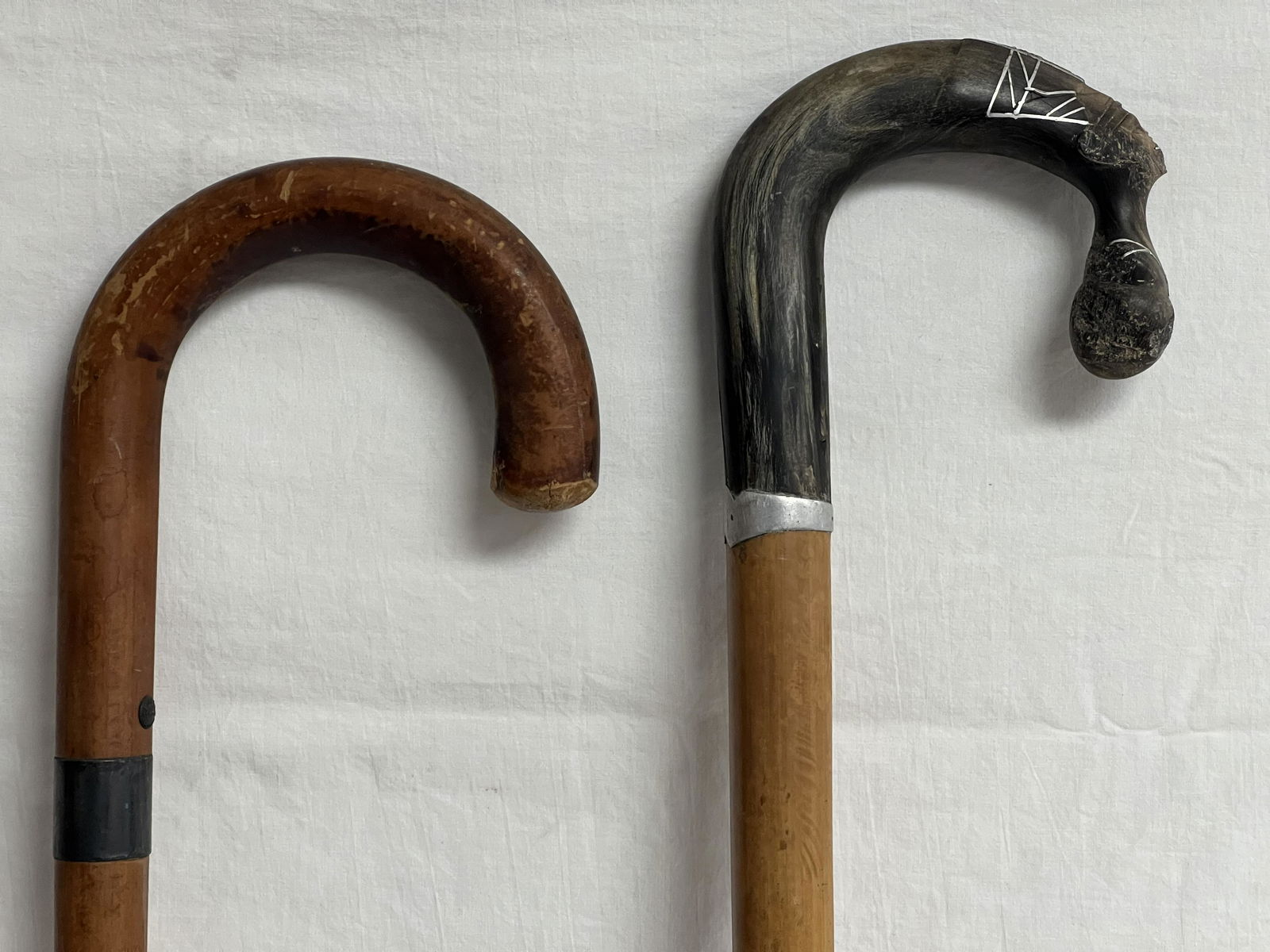 (2)Atq Walking Canes- Egyptian + Silver Band - Carved Egyptian Head w/ Silver Horn Handle 37.5''L + (1 of 8)