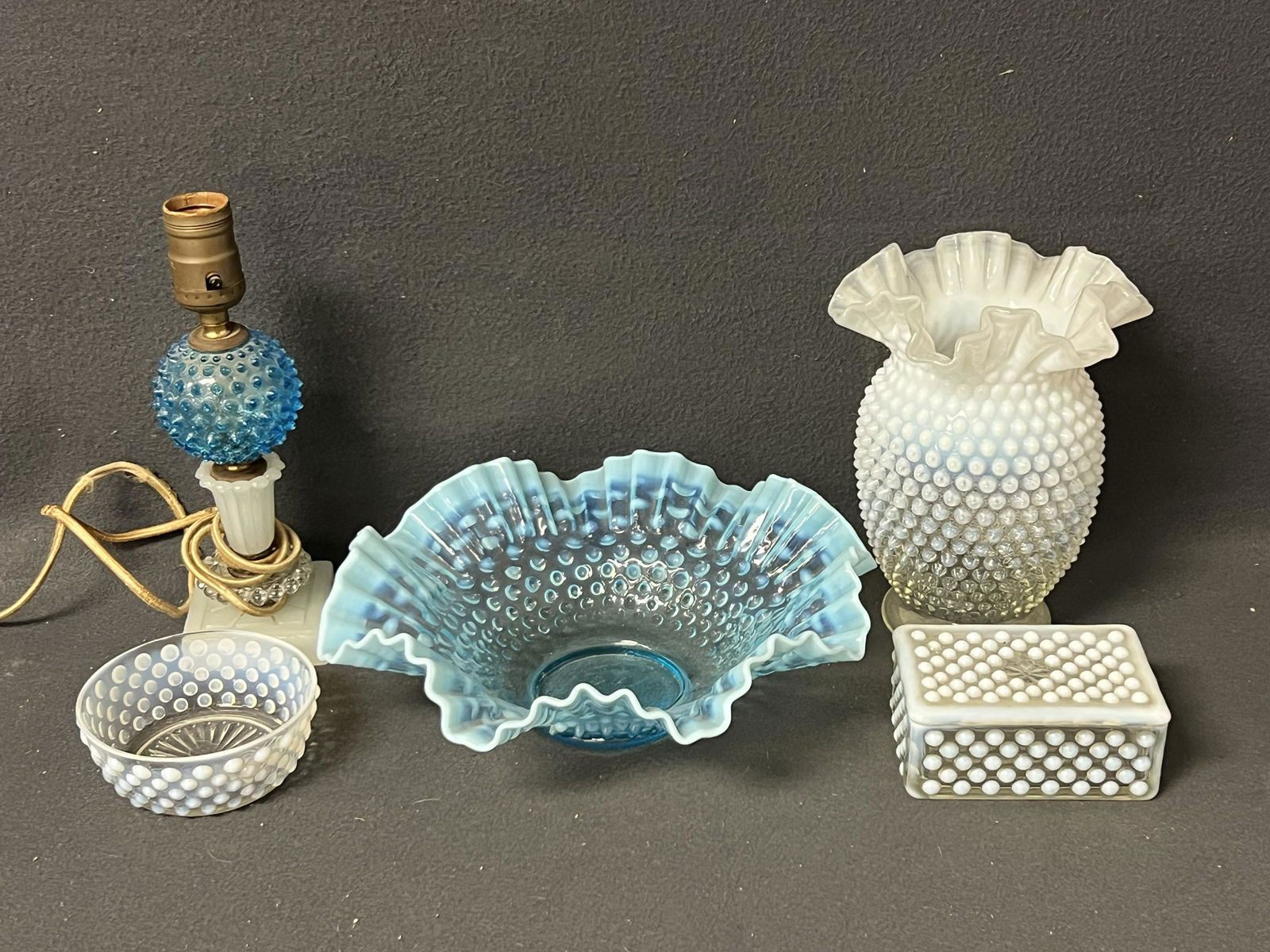 Vtg Hob Knob Glass, Fenton + More - Ruffle Edge Blue Bowl 10.5'' x 4'', Vase 6.25'' x 8.5'' , (1 of 5)