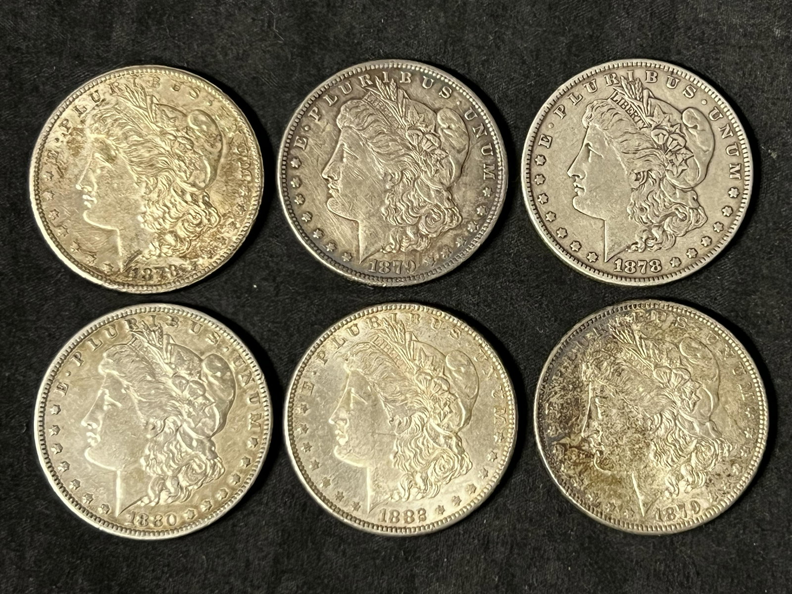 (6)1878-1882 Morgan Silver Dollars - 1878 + 1879 San Francisco Mint, 1878,1879,1880,1882 (1 of 2)