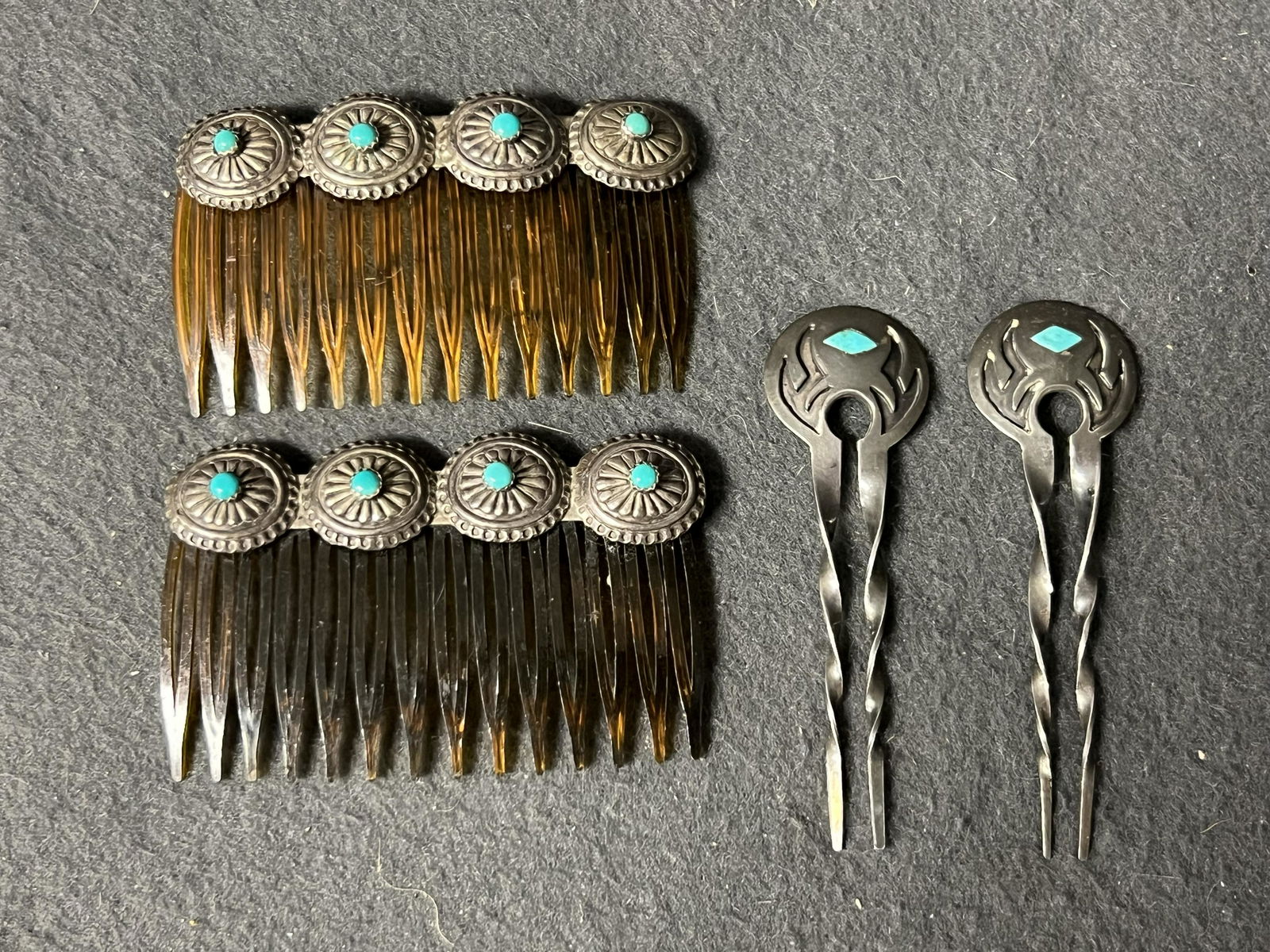 Vtg Navajo Sterling Turquoise Hair Clips, Combs - Clips 3.25''L , Combs 3''L (Inspect 1 Comb) (1 of 4)