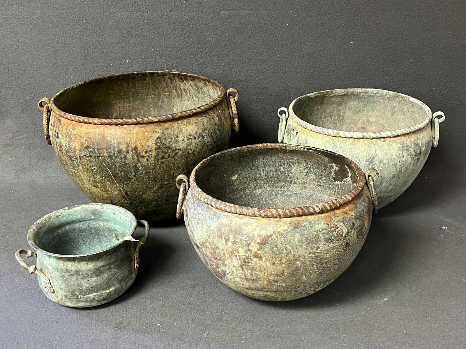 (4)Metal Flower/ Planter Pots w/ Handles - 11.5'' x 10, 10'' x 8'', 9.75'' x 7.5'', 6'' x 4'' (1 of 3)