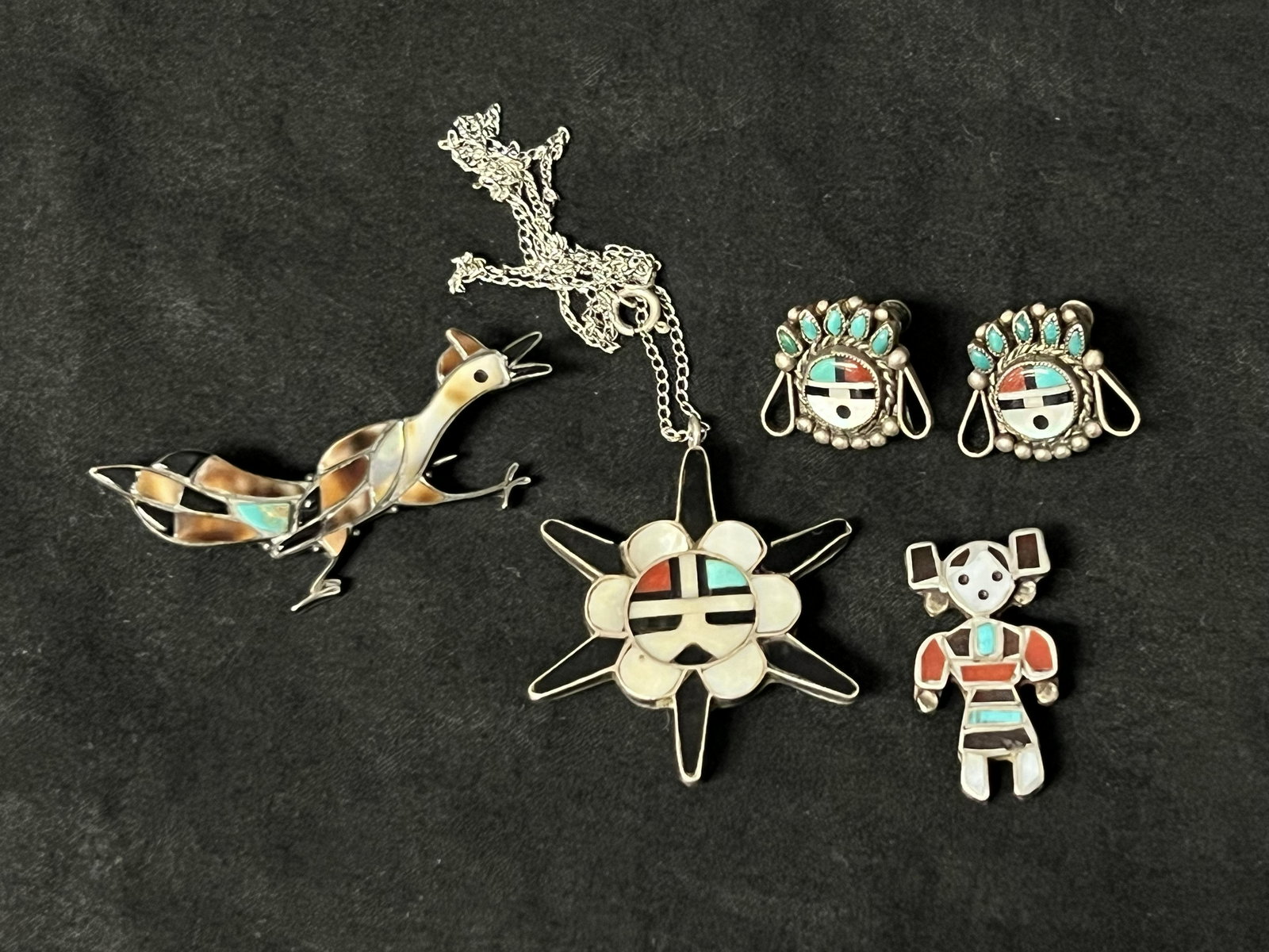 Vtg Zuni Sterling Roadrunner, Kachina, Sun - Roadrunner + Kachina Pins, Screwback Earrings, Pendant (1 of 4)