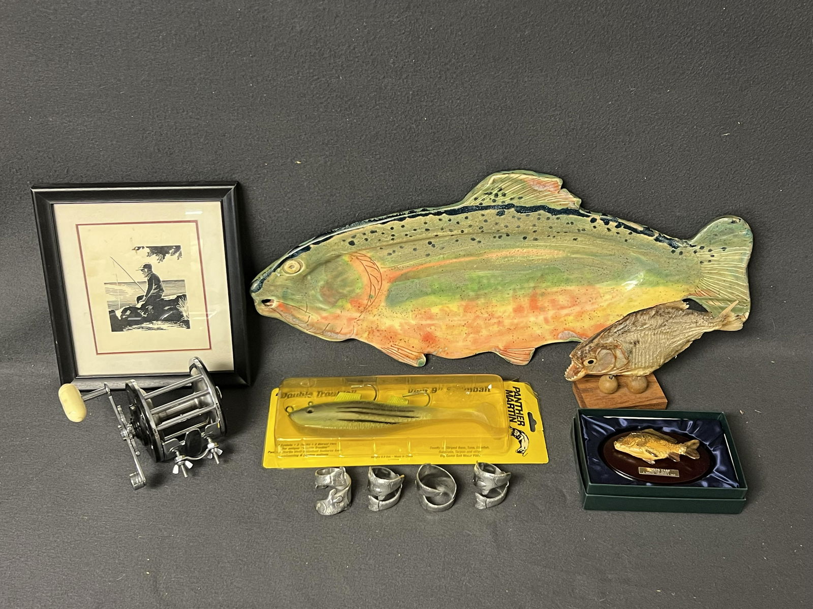 Fish Lot - Reel, Fish Platter, Lure, Taxidermy - Piranha, Carp, Signed Pottery Fish Platter / Tray, (1 of 15)