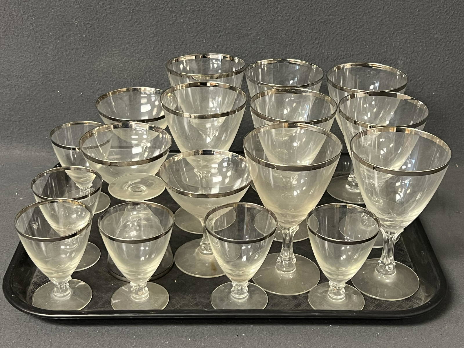 (18)vtg Fostoria Sterling Rim Crystal Stemware Various Sizes Auction
