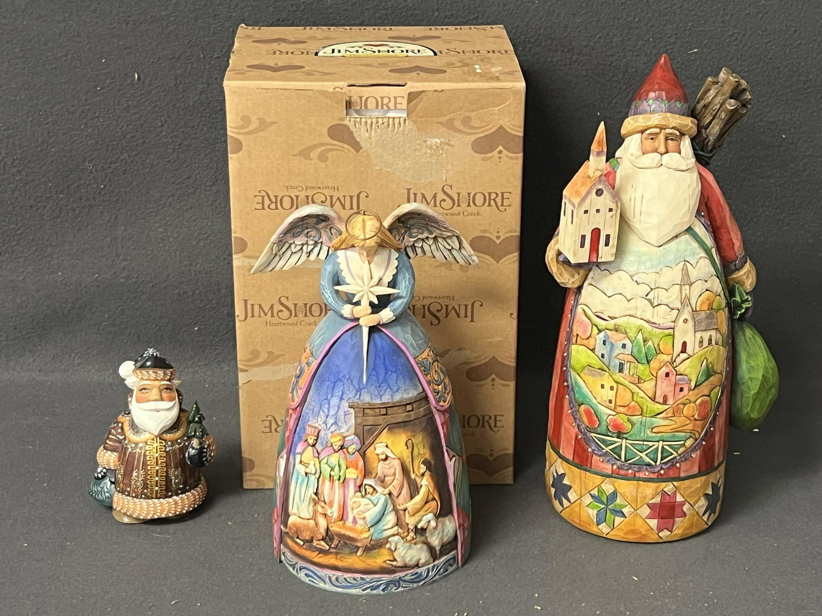 Jim Shore Christmas Figures, Angel,Santa - Angel w/ Nativity Scene 10'' w/ Box, Musical Santa 13.5'': Jim Shore Christmas Figures, Angel,Santa - Angel w/ Nativity Scene 10'' w/ Box, Musical Santa 13.5'' , G.DeBrekht Santa