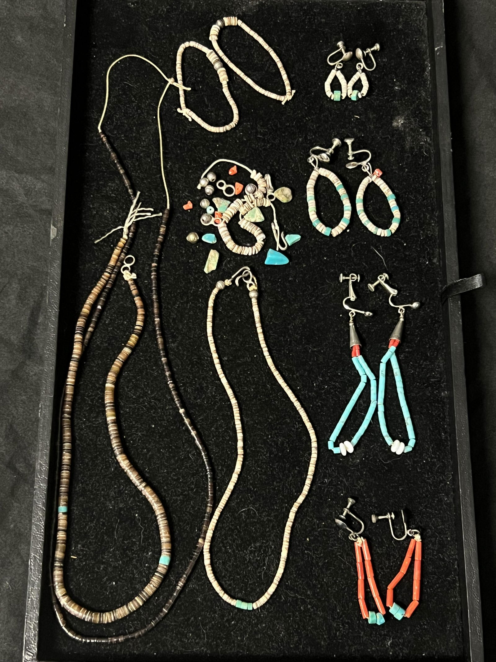Native American Heshi Items, Coral Turquoise - 1940s / 50s Era Earrings, Necklaces (1 of 6)