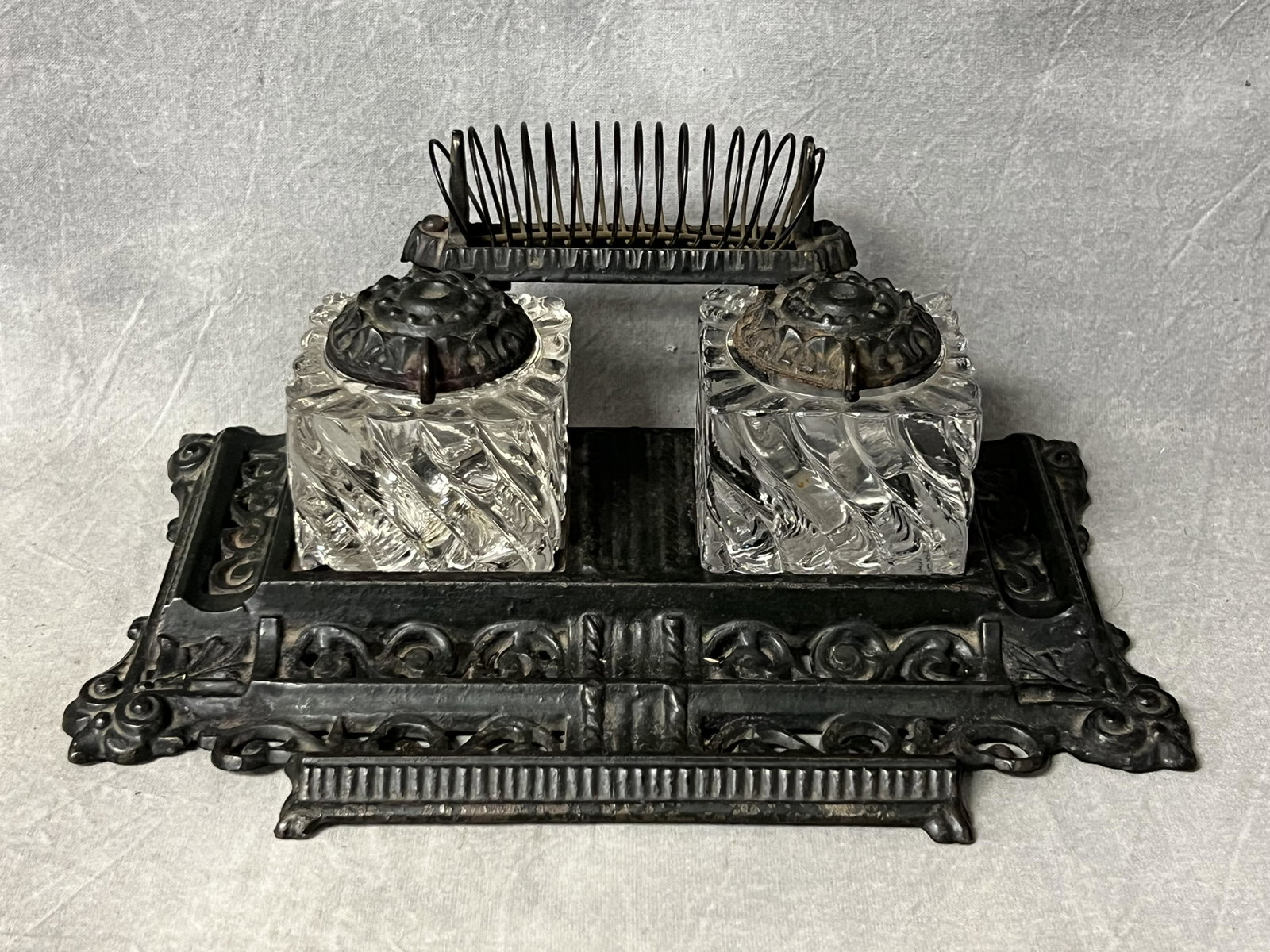 Antique Tatum Cast Iron Inkwells w/ Holders - Dual Inkwells w/ Letter/ Paper Holder: Antique Tatum Cast Iron Inkwells w/ Holders - Dual Inkwells w/ Letter/ Paper Holder