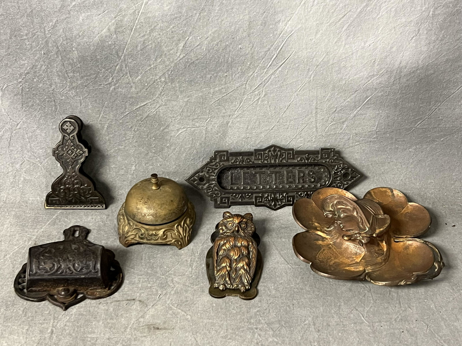 Art Nouveau Inkwell,Atq Cast Iron Items - Owl Knocker, Nouveau Desk Bell, Antique Clip, Door Letter (1 of 5)