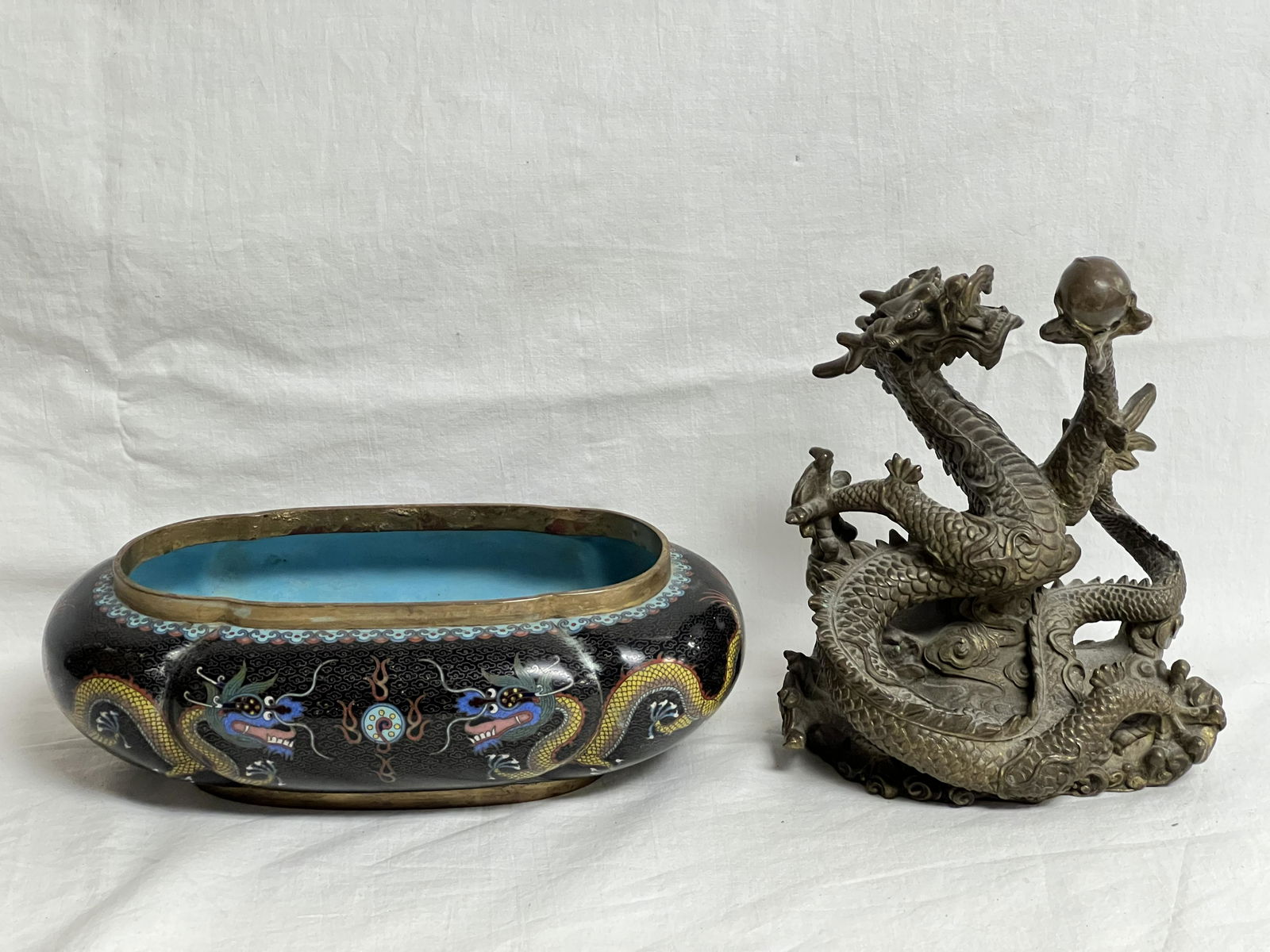 Cloisonne Dragon Planter, Brass Dragon Figure- Cloisonne 9'' x 5'' x 3'', 2.12LBS + Brass Dragon (1 of 12)