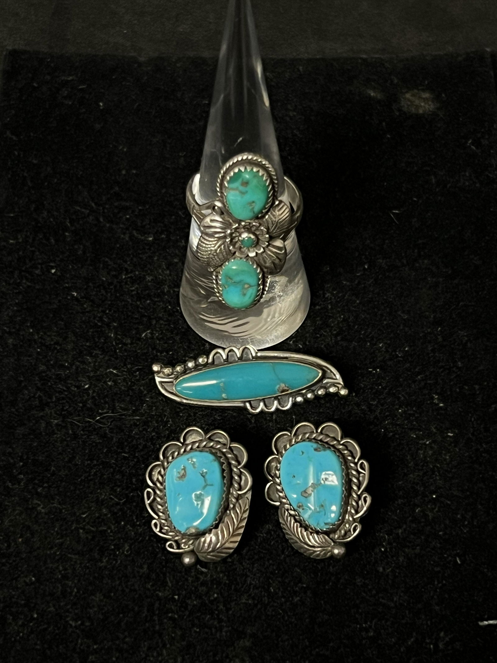 Vtg American Indian Sterling Turquoise Jewelry - Mike Chee Navajo Ring Sz 8, Turquoise Pin, Pr (1 of 7)