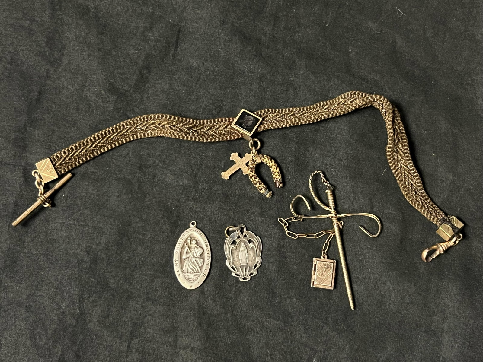 Atq/ Vtg Religious Items - Sterling, Locket,More - Embroidered Antique Fob w/ Cameo + Cross,: Atq/ Vtg Religious Items - Sterling, Locket,More - Embroidered Antique Fob w/ Cameo + Cross, Sterling St.Christopher, Locket + More