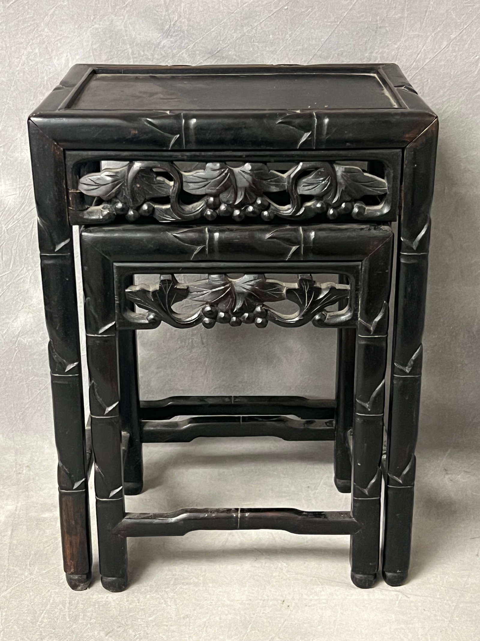(2)Carved Vtg Chinese Nesting Tables - 14'' x 10'' x 20'' + 11.25'' x 8.25'' x 15.5'': (2)Carved Vtg Chinese Nesting Tables - 14'' x 10'' x 20'' + 11.25'' x 8.25'' x 15.5''