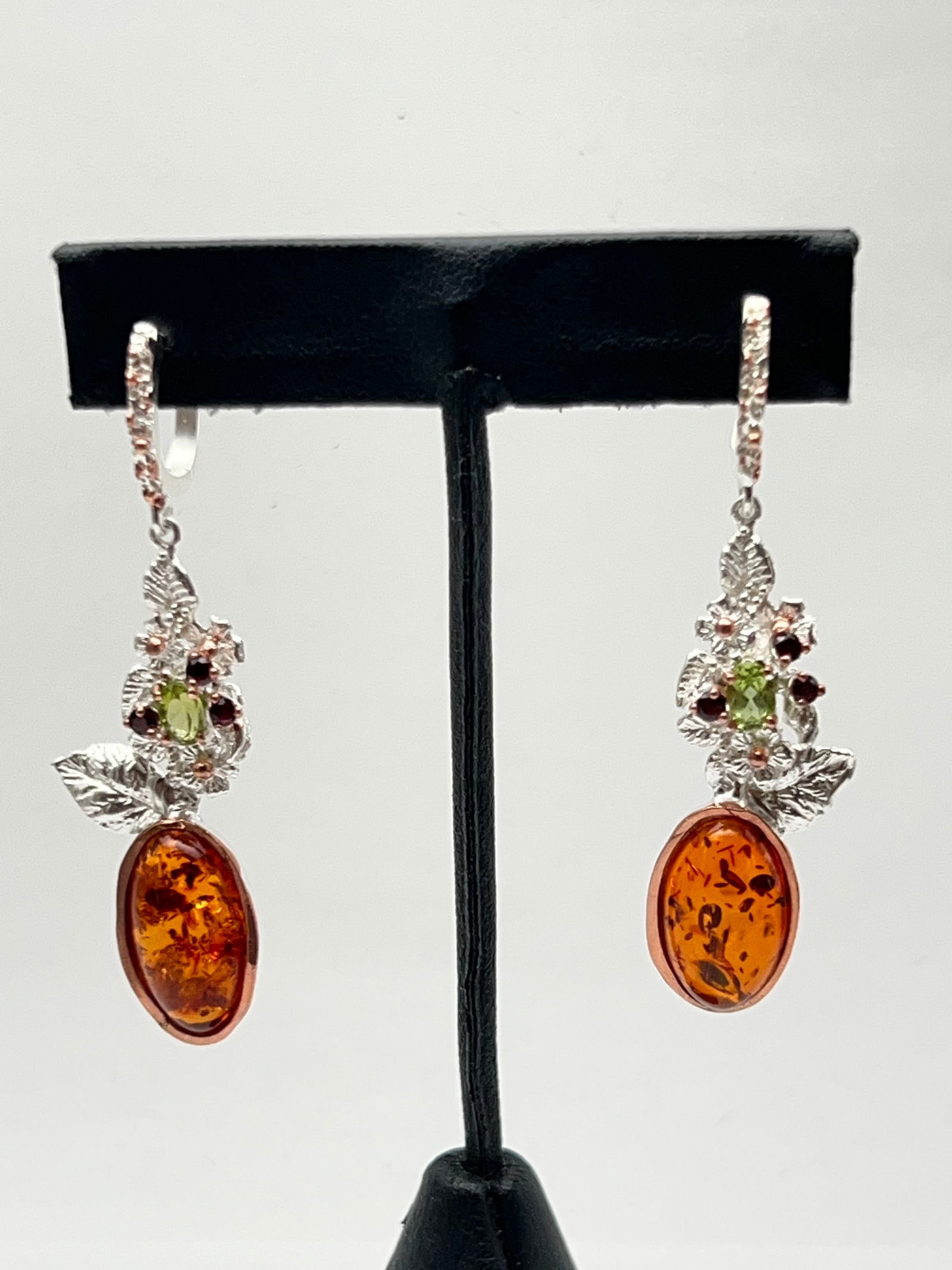 Sterling Amber & Gemstone Earrings w/ 14K - Amber Peridot Tourmaline Set in Sterling Silver w/ 14K (1 of 4)