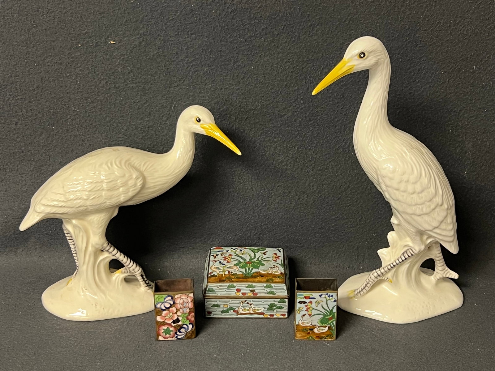 Mid Century Porcelain Egret/Crane,Cloisonne Set - Pr Signed Birds 11.75'' + 8.75'', Cloisonne Box (1 of 12)